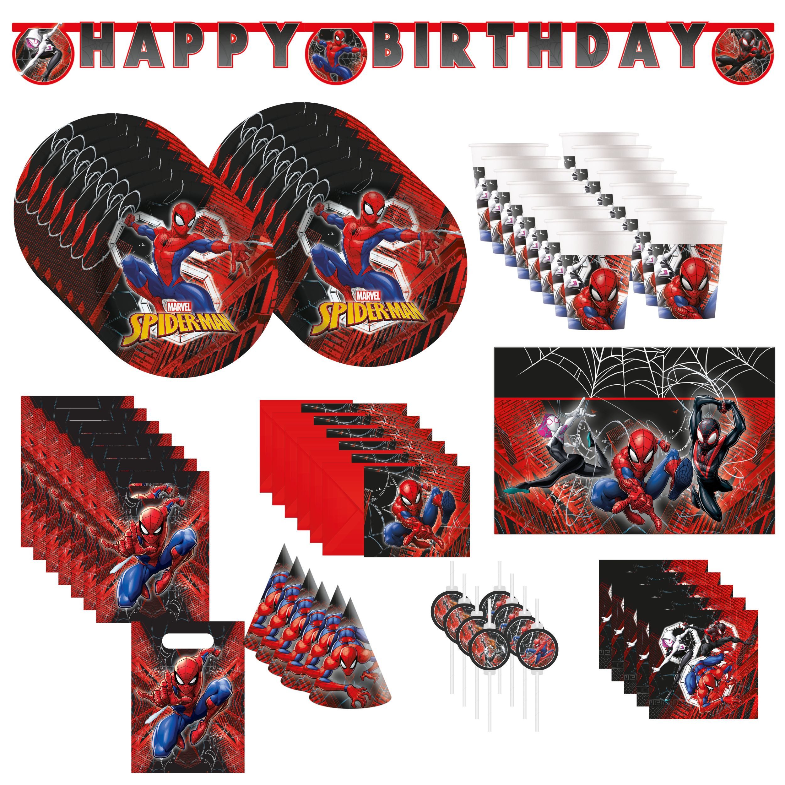 Procos Einweggeschirr-Set 82-tlg. Spiderman World Of Webs Partyset für Kindergeburtstag, 16 Personen