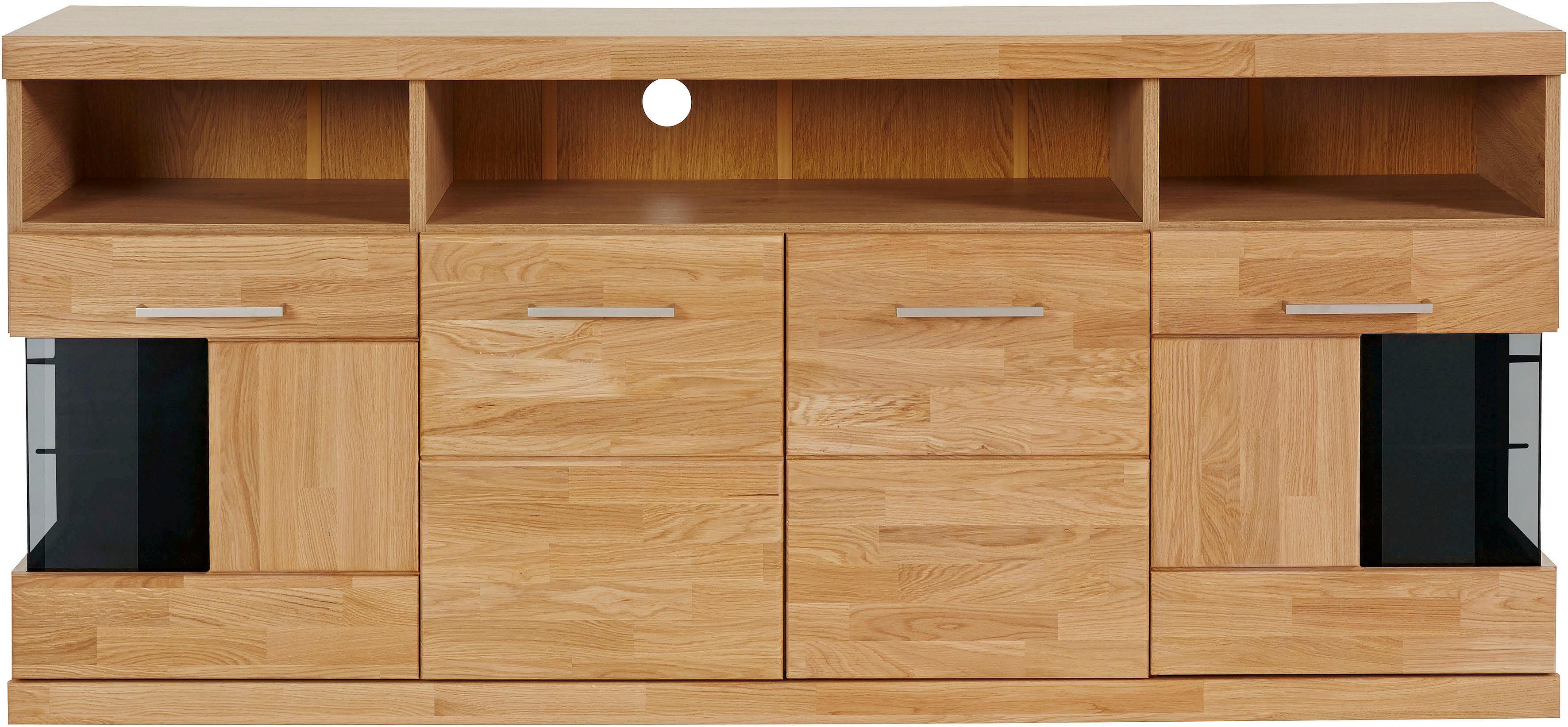 OTTO home Sideboard RIBE20 Fronten massiv,Korpus Melamin, 2 Türen mit Glaseinsatz, B/T/H: 180/35/80cm, 3 offene Fächer und 6 geschlossene, Eiche