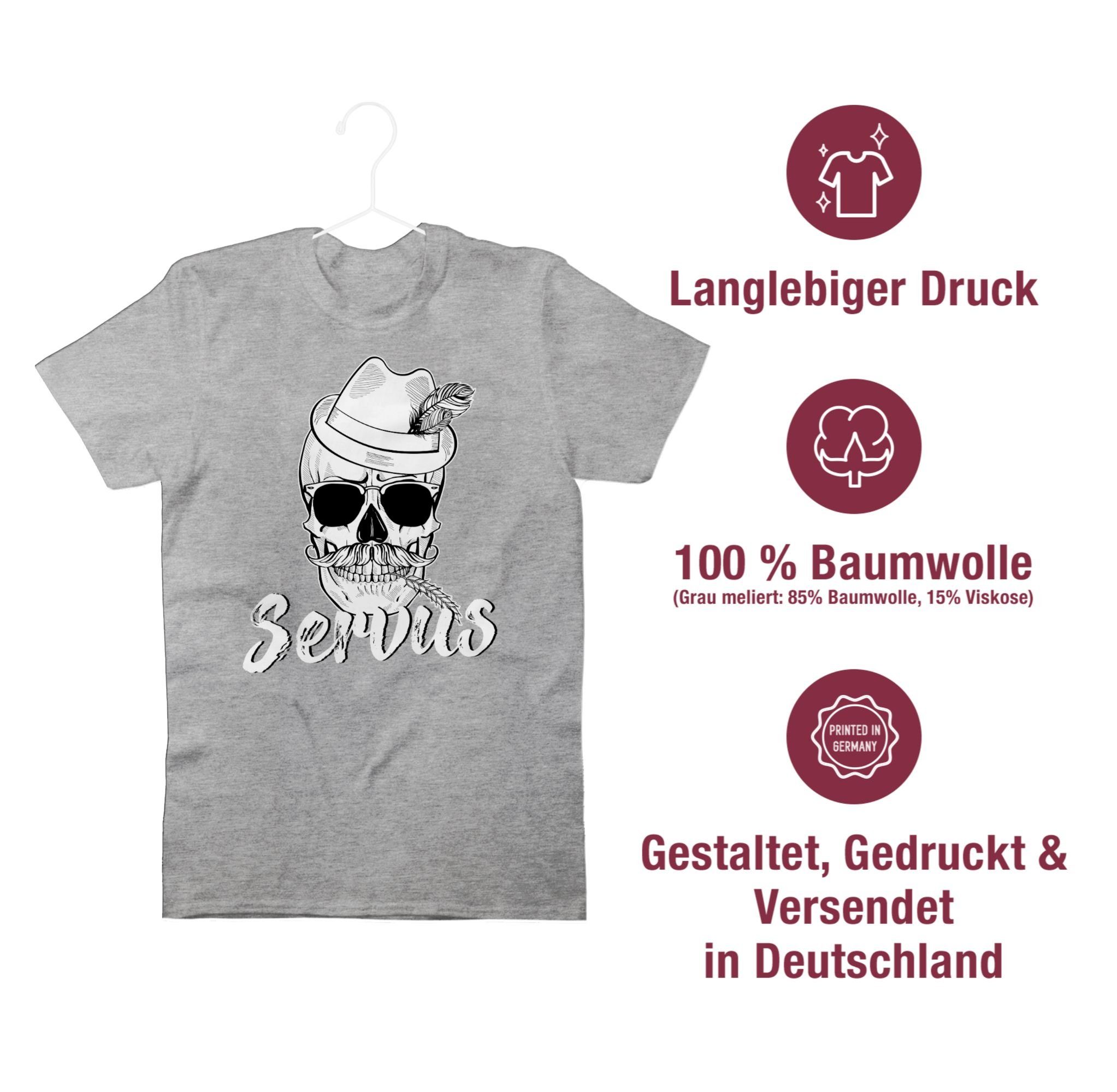Herren Servus Bayern Totenkopf T-Shirt für Oktoberfest Shirtracer Mode 03 Grau meliert