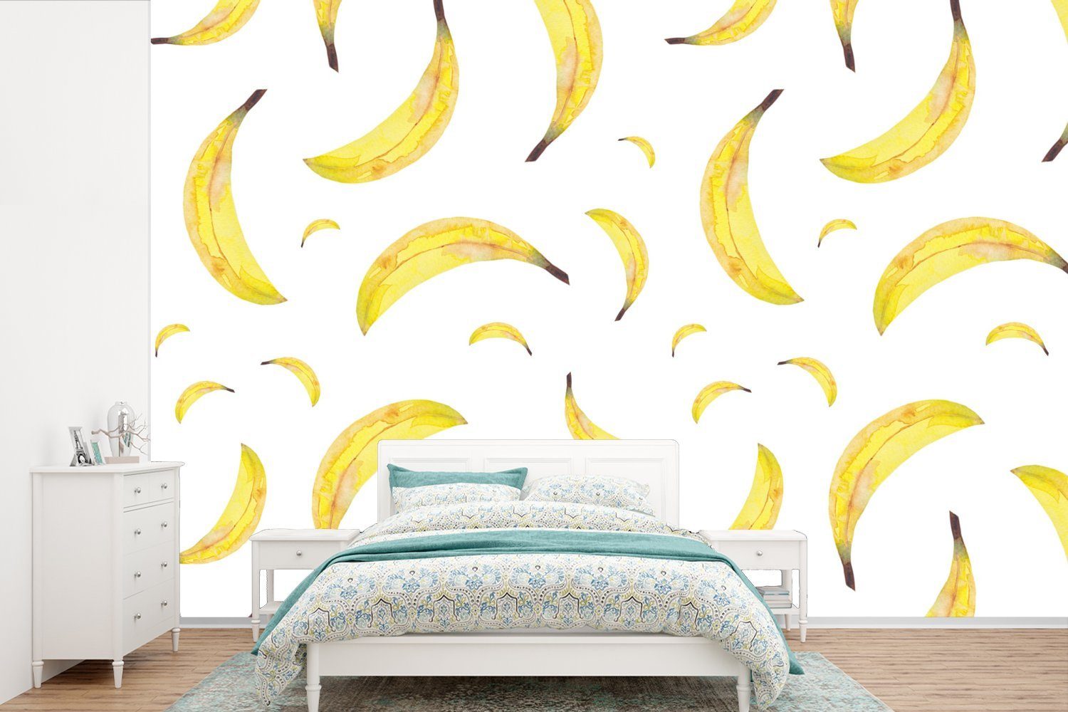 MuchoWow Fototapete Bananen - Obst - Weiß, Matt, bedruckt, (6 St), Wallpaper für Wohnzimmer, Schlafzimmer, Kinderzimmer, Vinyl Tapete | Fototapeten
