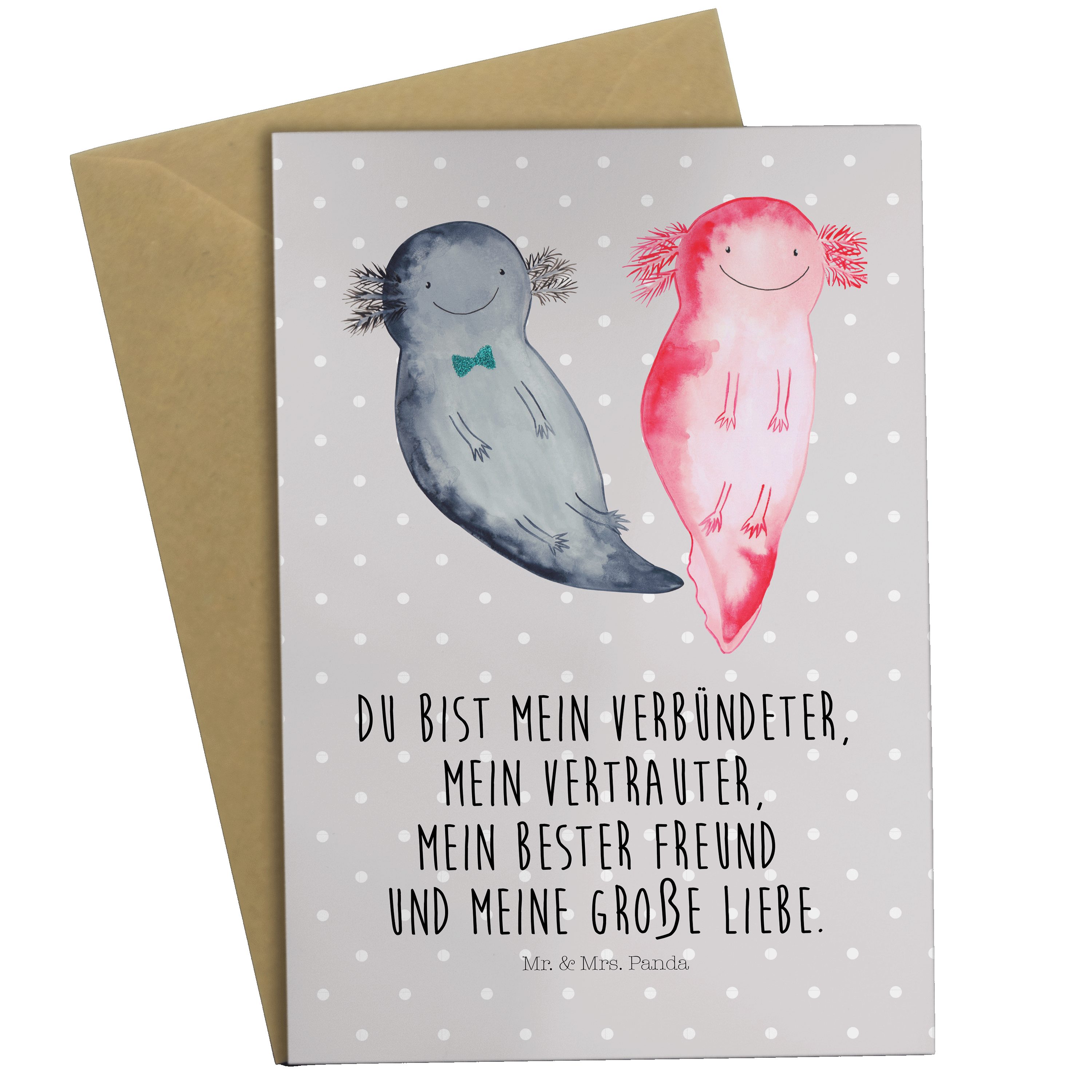 Mr. & Mrs. Panda Grußkarte Axolotl Axel+Lotte - Grau Pastell - Geschenk, Geburtstagskarte, Lurch