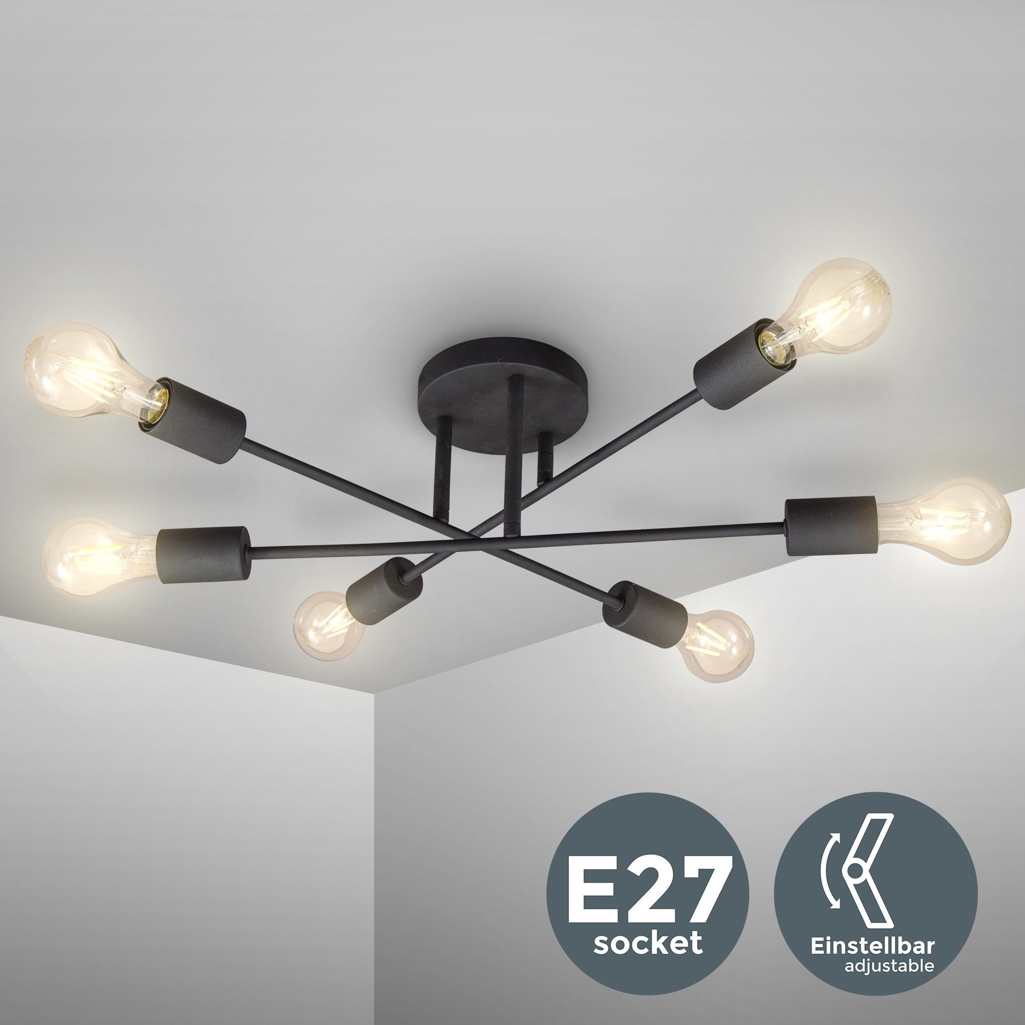 LED E27 schwarz Vintage-Leuchte ohne Warmweiß, Deckenleuchte, Leuchtmittel, B.K.Licht rustikal Retro LED Industrial Deckenlampe