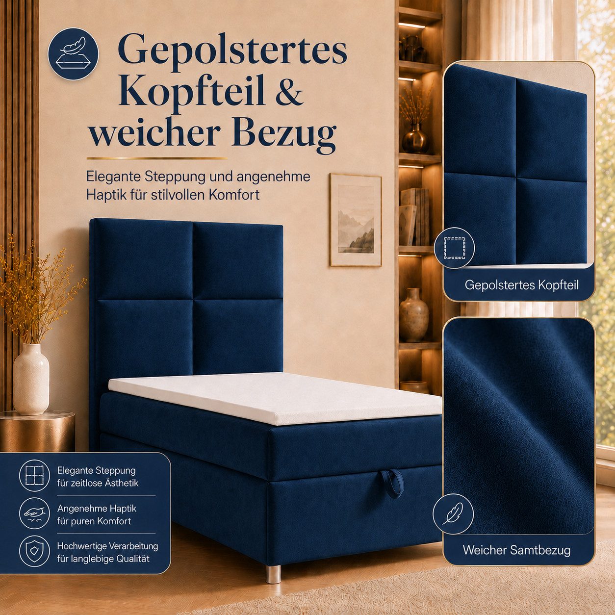 Best for Home Boxspringbett Trinity K-2 mit Bettkasten & Topper – Komfort & Stauraum (Einzelbett, Hotelbett, Polsterbett gepolstertes Kopfteil, Jugendbett, Kinderbett versch. Größen, 1-St., 70x200 80x200 90x200 100x200 cm), Einzel-Boxspringbett mit integriertem Stauraum, gepolstertem Kopfteil