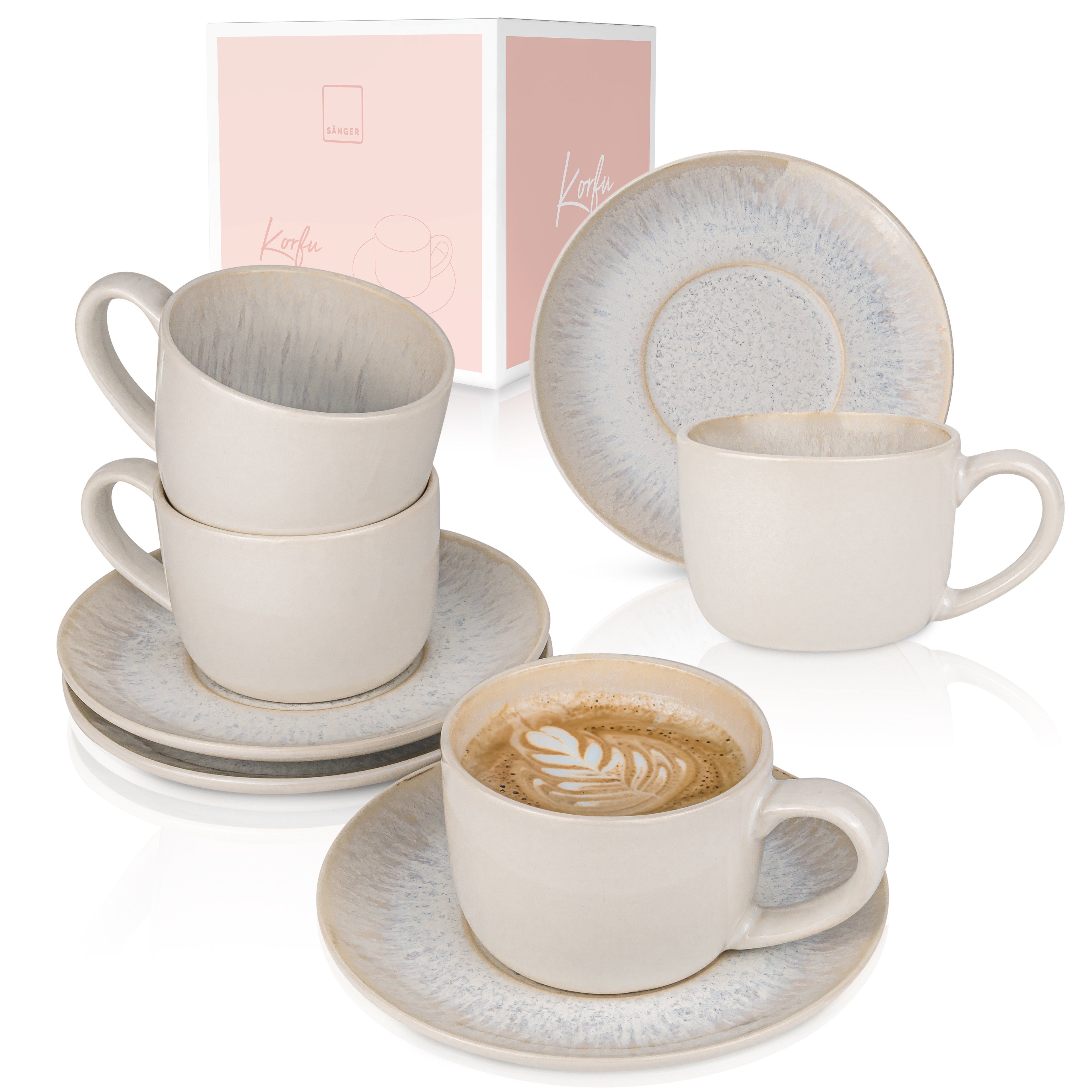 SÄNGER Kaffeeservice Korfu Kaffeetassen Set (8-tlg), 4 Personen, Steingut, Creme Farben mit Sandiger Maserung, 230 ml, Handmade