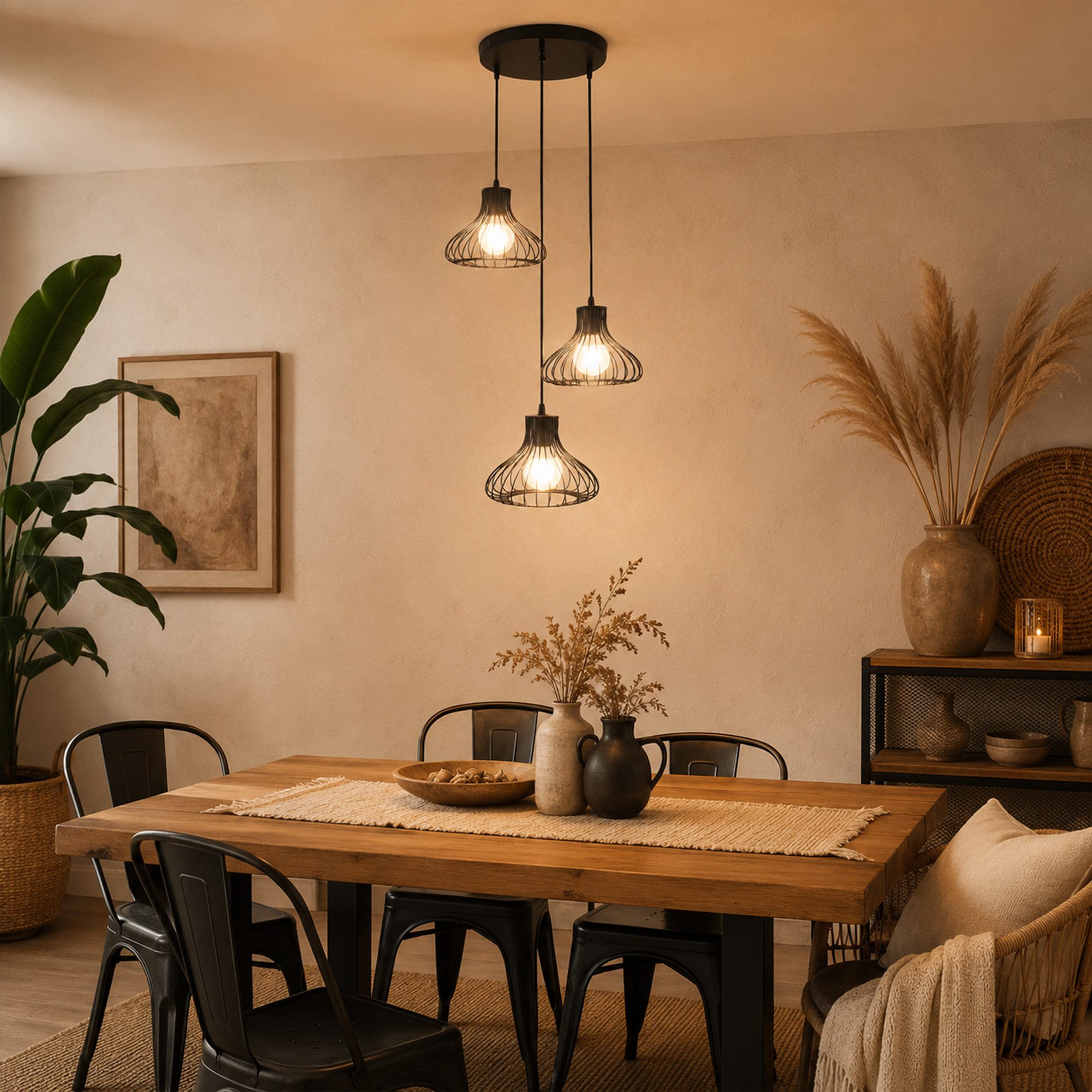 Fyrove Deckenleuchte Höhenverstellbare Esstischlampe 3-flammig, ohne Leuchtmittel, Offenes Metallkafig-Design, E27(Gluhbirne nicht enthalten), höhenverstellbare – Bild 5 von 5