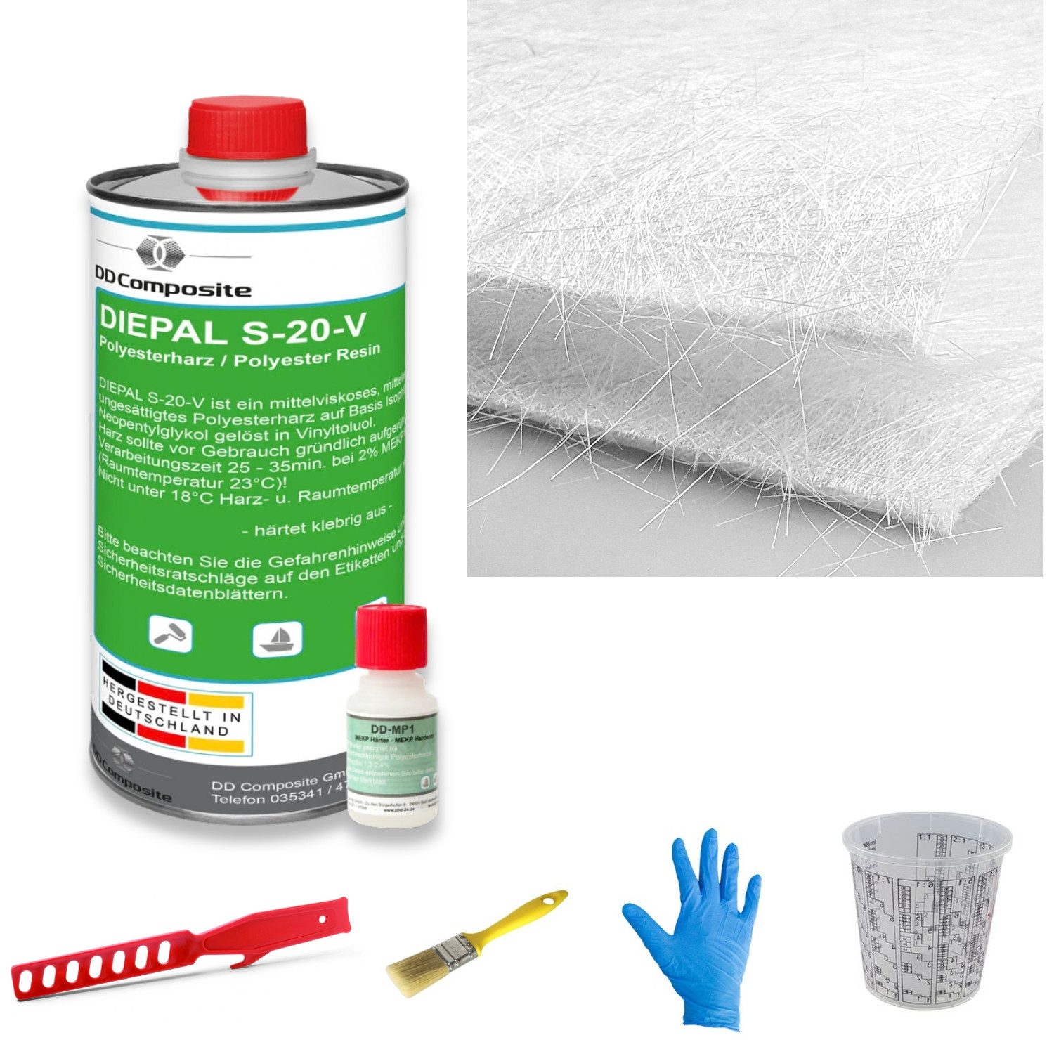 DD Composite Reparatur-Set Reparatur-Set Auto, Boot und Motorrad Polyesterharz 4, Polyesterharz-Set, 9-St., Harz Härter Glasfasermatte Pinsel Mischbecher Rührstab Handschuhe, styrolfreies Polyesterharz mit Glasfasermatte für kleinere Reparaturen