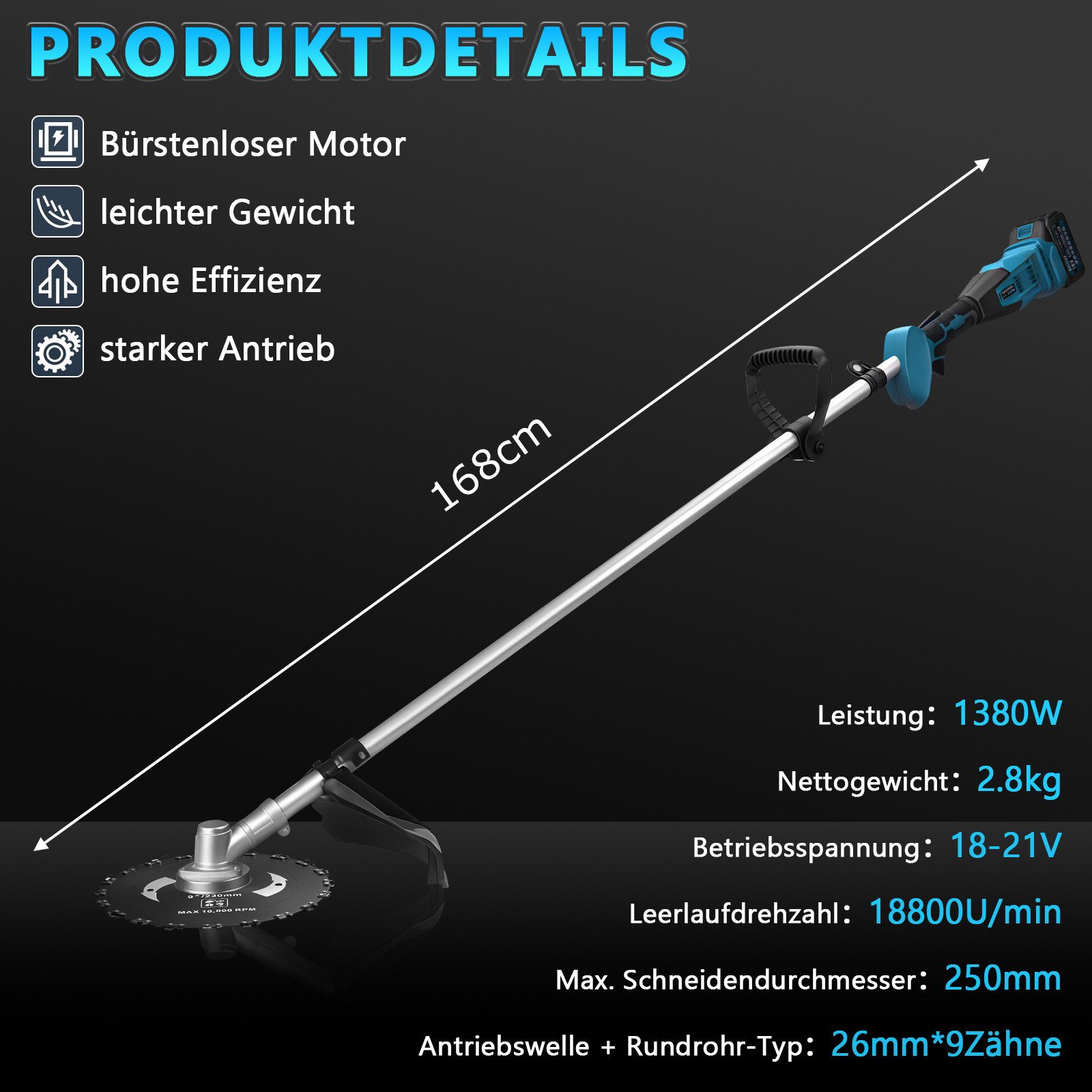 XERSEK Akku-Rasentrimmer 1380W Teleskop Freischneider mit 7 Klingentypen & 2×4.0Ah Akku, L168cm, 30 cm Arbeitsbreite Messer, (Set, 18800U/min Bürstenloser Motor), Motorsense mit Unkrautbürste für Höfe, Gärten und Kleinen
