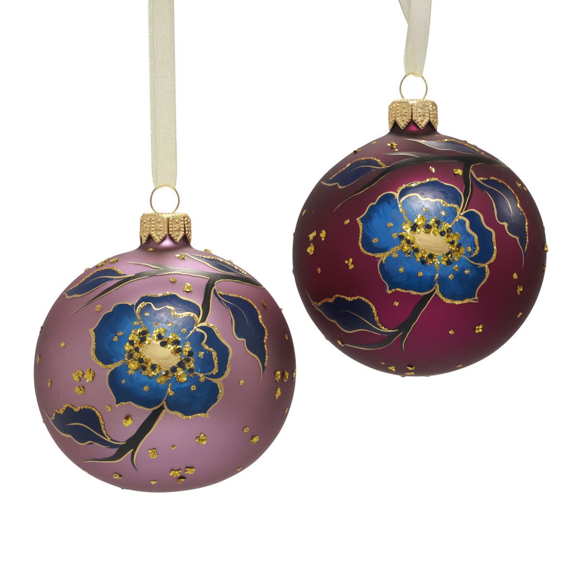 Weihnachtsbaumkugel Weihnachtskugeln Glas Lila mit Blumenmotiv, Glitzer Christbaumkugeln