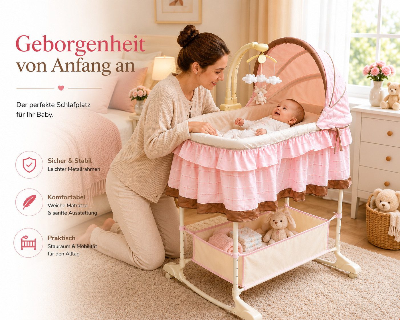 Best for Kids Stubenbett Babybett mit Metallrahmen, Melodie, Matratze&verstellbarer, 6-tlg., 4-in-1 Funktion, Schaukelmodus, Musikmobile, Nachtlicht
