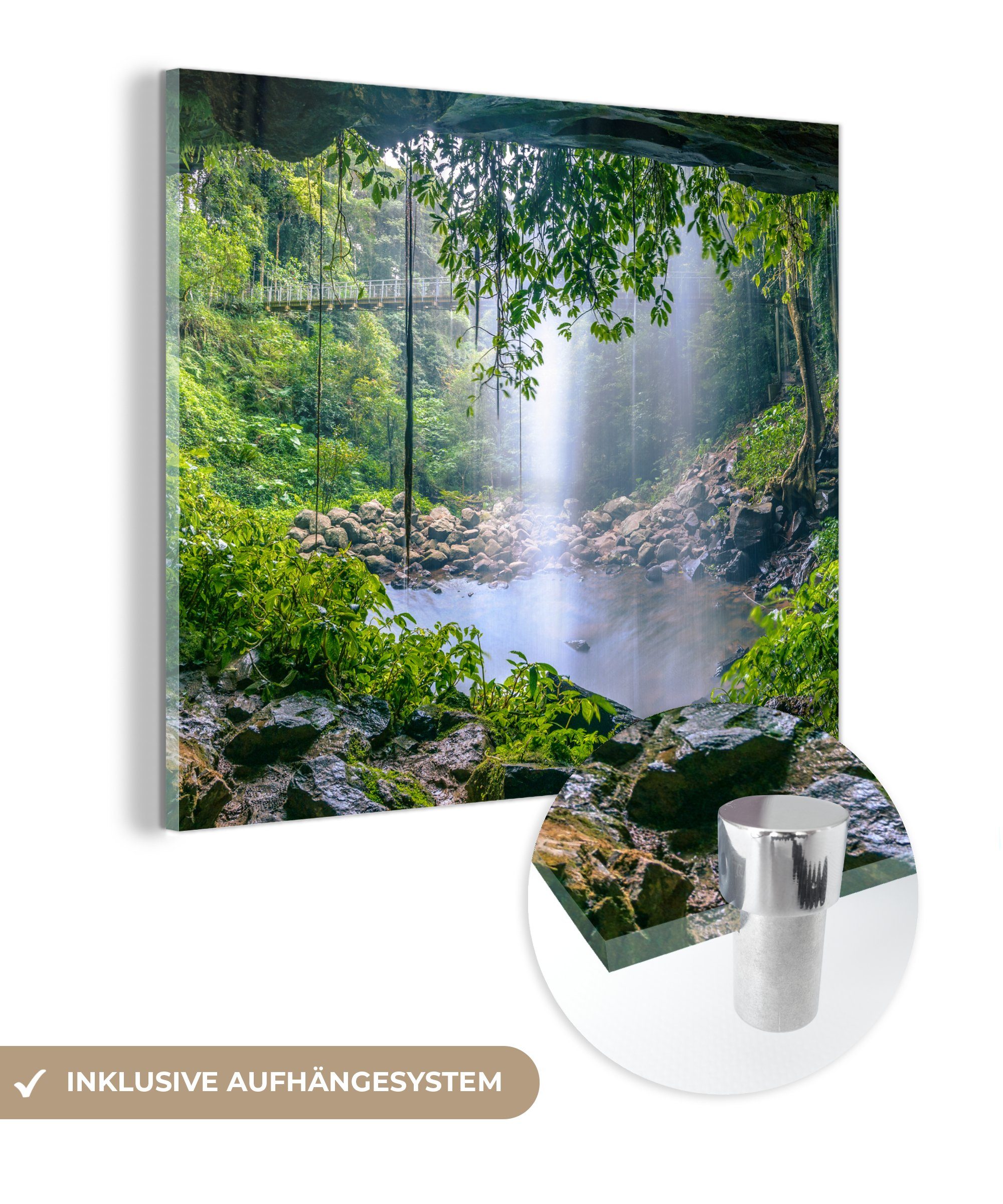 MuchoWow Acrylglasbild Dschungel - Regenwald - Wasser - Wasserfall - Pflanzen, (1 St), Glasbilder - Bilder auf Glas Wandbild - Foto auf Glas - Wanddekoration bunt