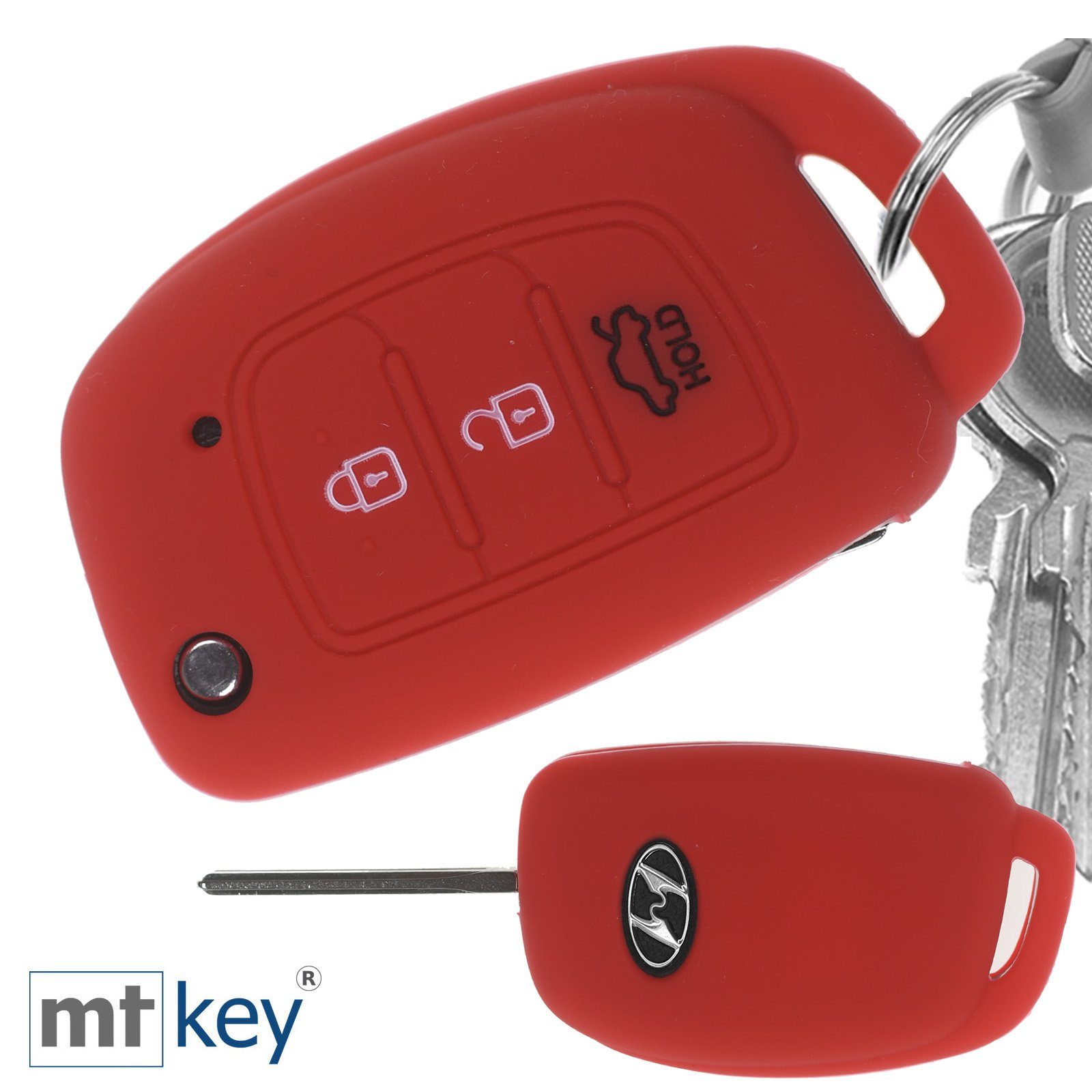 Tucson mit Wabe Knopf Rot im 3 Klappschlüssel mt-key Schlüsselband, i20 Design für i40 Hyundai ix25 Accent Schlüsseltasche Silikon Schutzhülle i10 ix35 Autoschlüssel