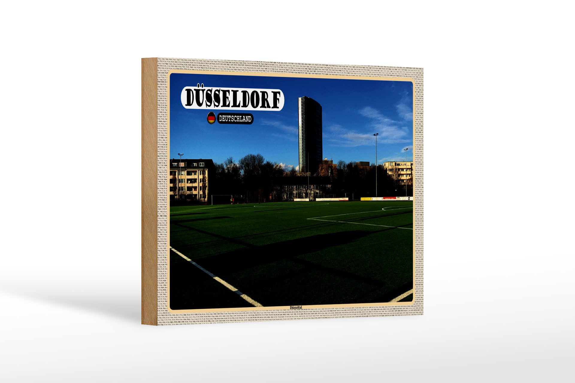 Holzbild Städte Düsseldorf Düsseltal Fußballplatz 18x12 cm
