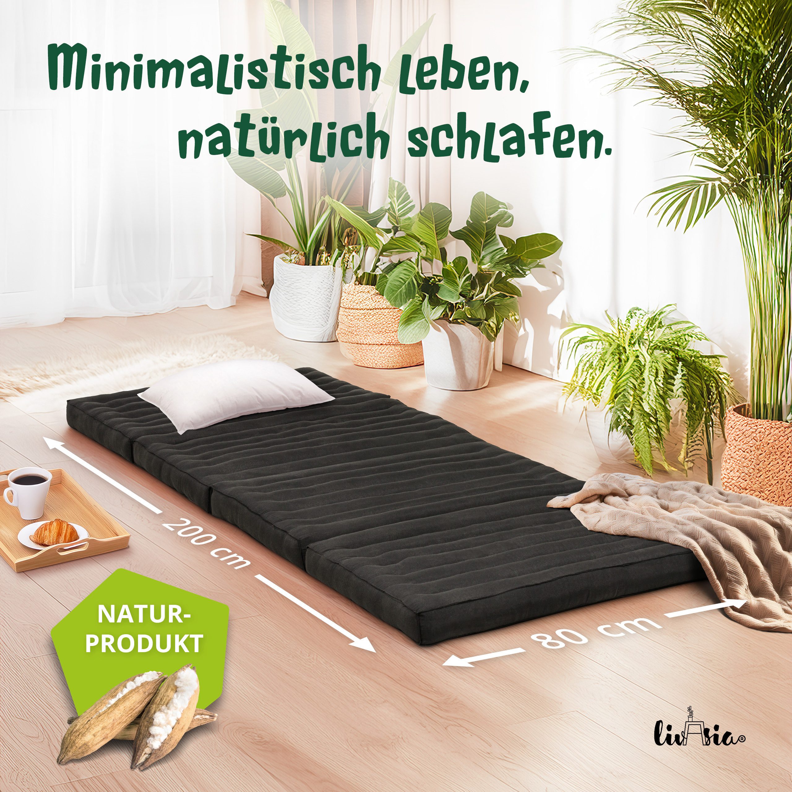 Klappmatratze Klappmatratze 80 cm (Basic) vegan und handgefertigt, 200x80x8cm, livasia, 8,00 cm hoch, Kapok