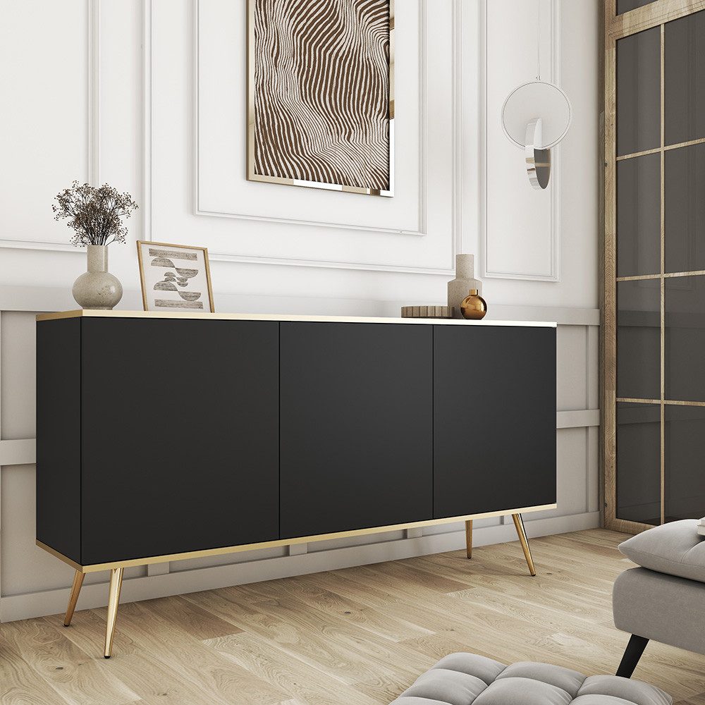 Lomadox Wohnzimmer-Set OLOVO-160, (Mega-Spar-Set, 2-St., Schminktisch), Schwarz, goldene Highlights, Push-to-open, Metallbeine goldfarben