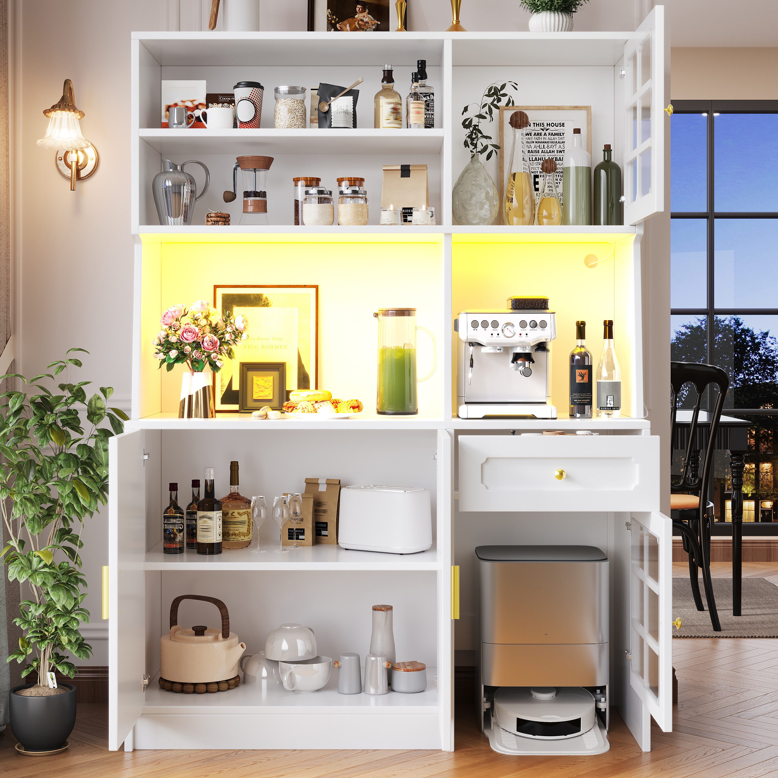 OKWISH Hochschrank Küchenbuffet,Kommode,Sideboard (mit Glastüren und LED-Beleuchtung, 1-St., 130*45*180cm(L x B x H)