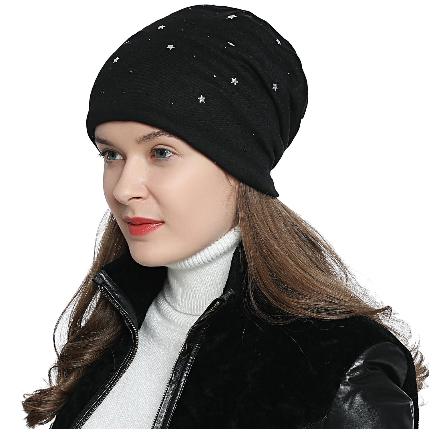 DonDon Beanie Damen Slouch mit Print (Packung, 1-St) Wintermütze, Beanie mit Pailletten-, Strass- oder Sternenprint, Teddyfleece schwarz mit kleinen Sternchen