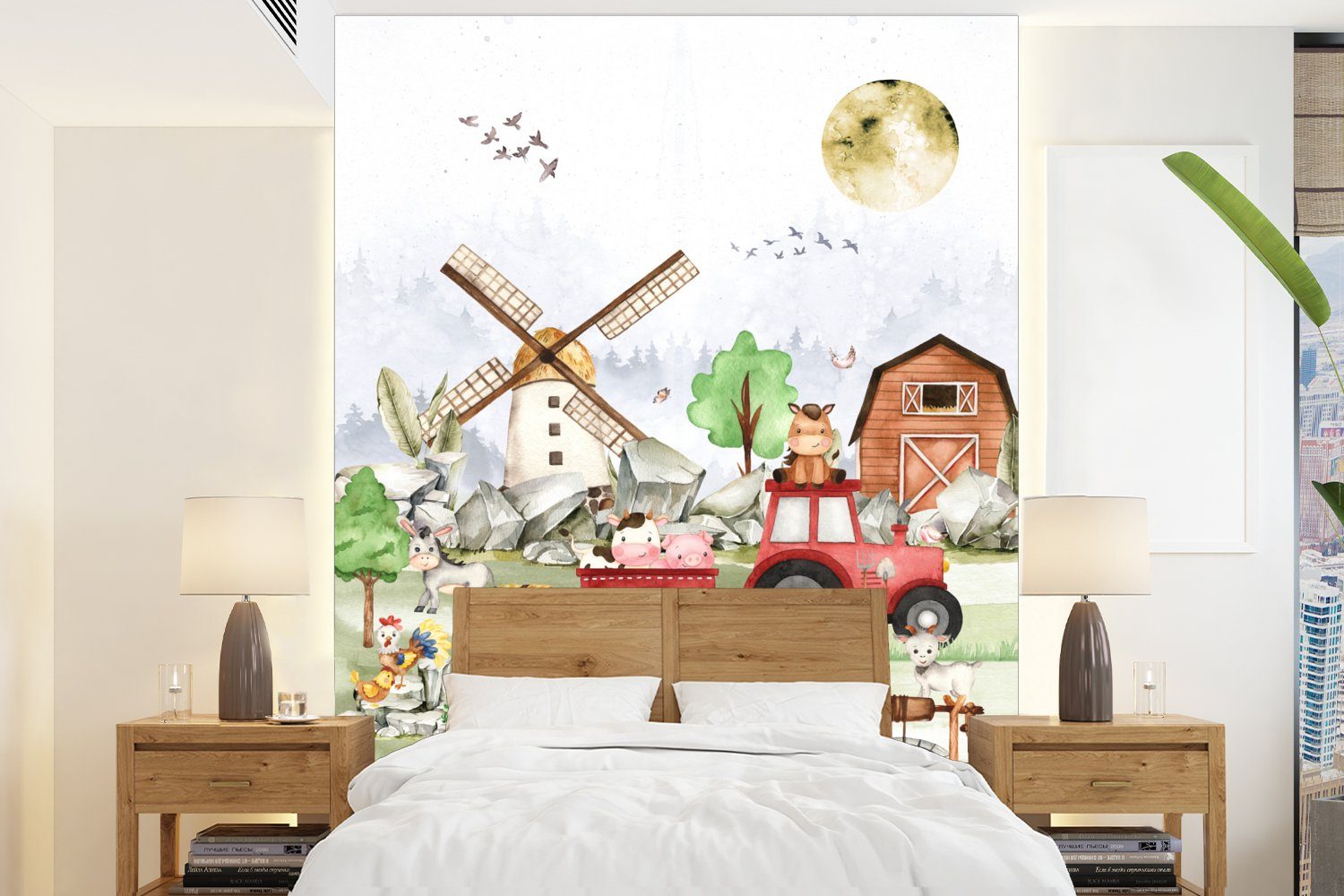 MuchoWow Fototapete Bauernhof - Traktor - Kinder - Tiere, Matt, bedruckt, Montagefertig Vinyl Tapete, Wandtapete, 175x240 cm