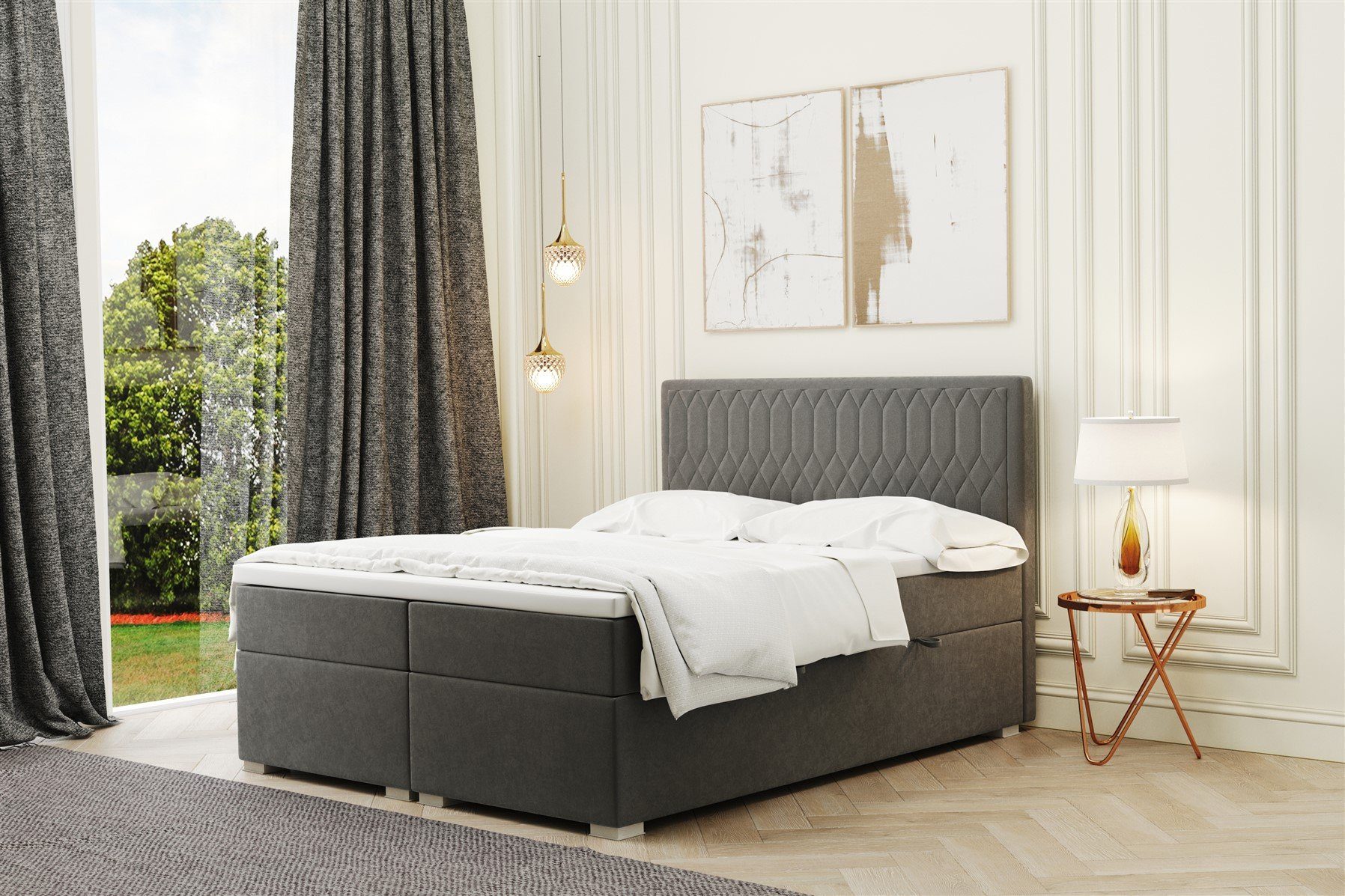 Fun Möbel Boxbett Schlafzimmerbett DUSTY 200er in Stoff (Gepolstertes und gestepptes Kopfteil, in Stoff "Soro" oder "Matt Velvet), Inkl. Kaltschaumtopper