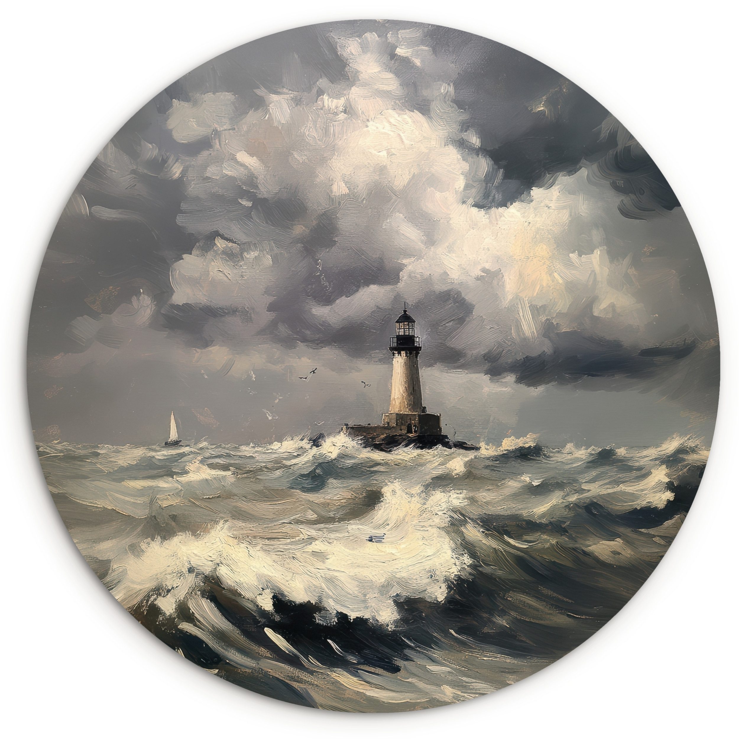 MuchoWow Gemälde Leuchtturm - Wellen - Sturm, Fotodruck (1 St), Kreis Wanddekoration, Rundes Wandbild, 30x30 cm