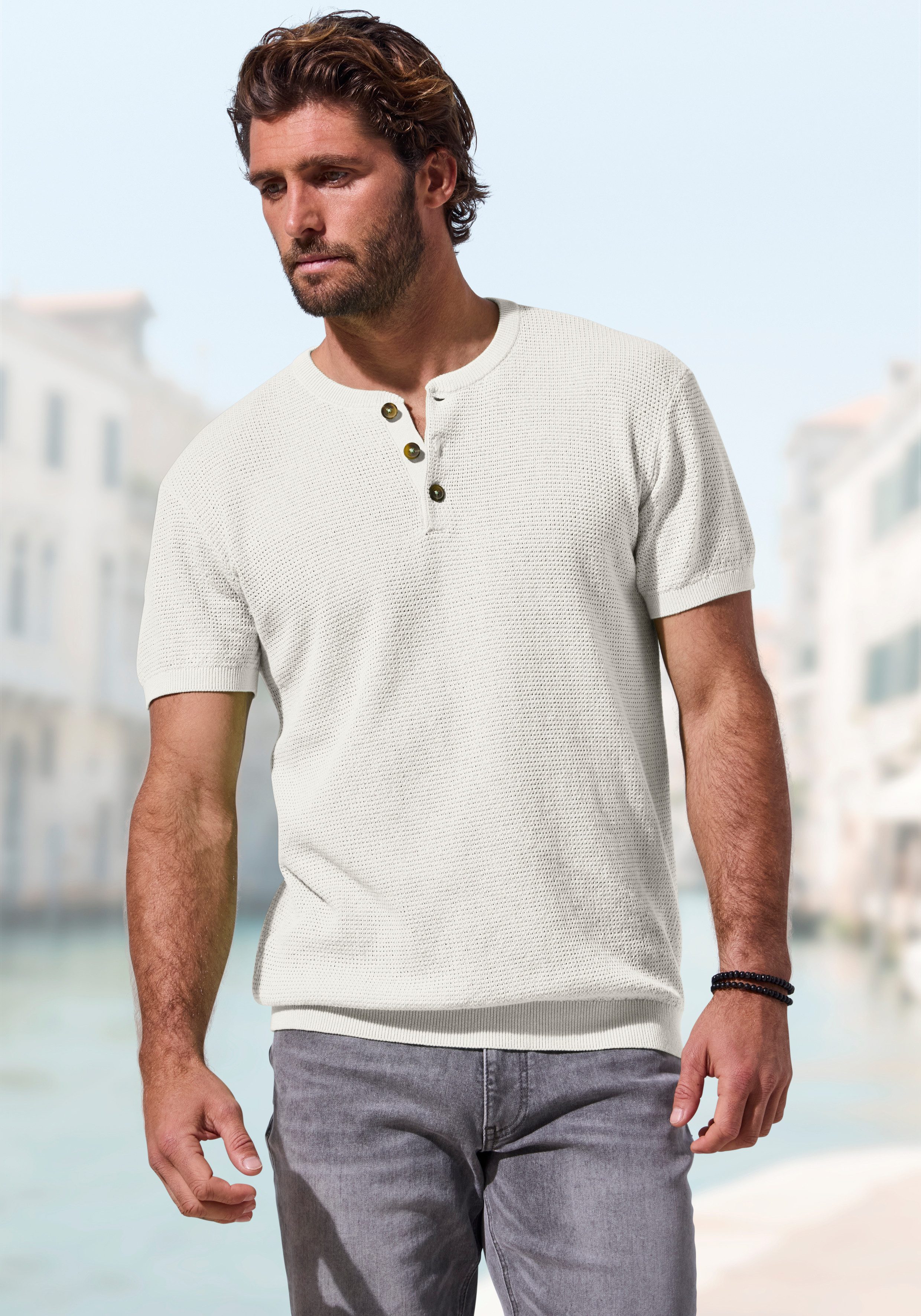 John Devin Henleyshirt - Strickshirt Rundhalsausschnitt mit kleiner Knopfleiste