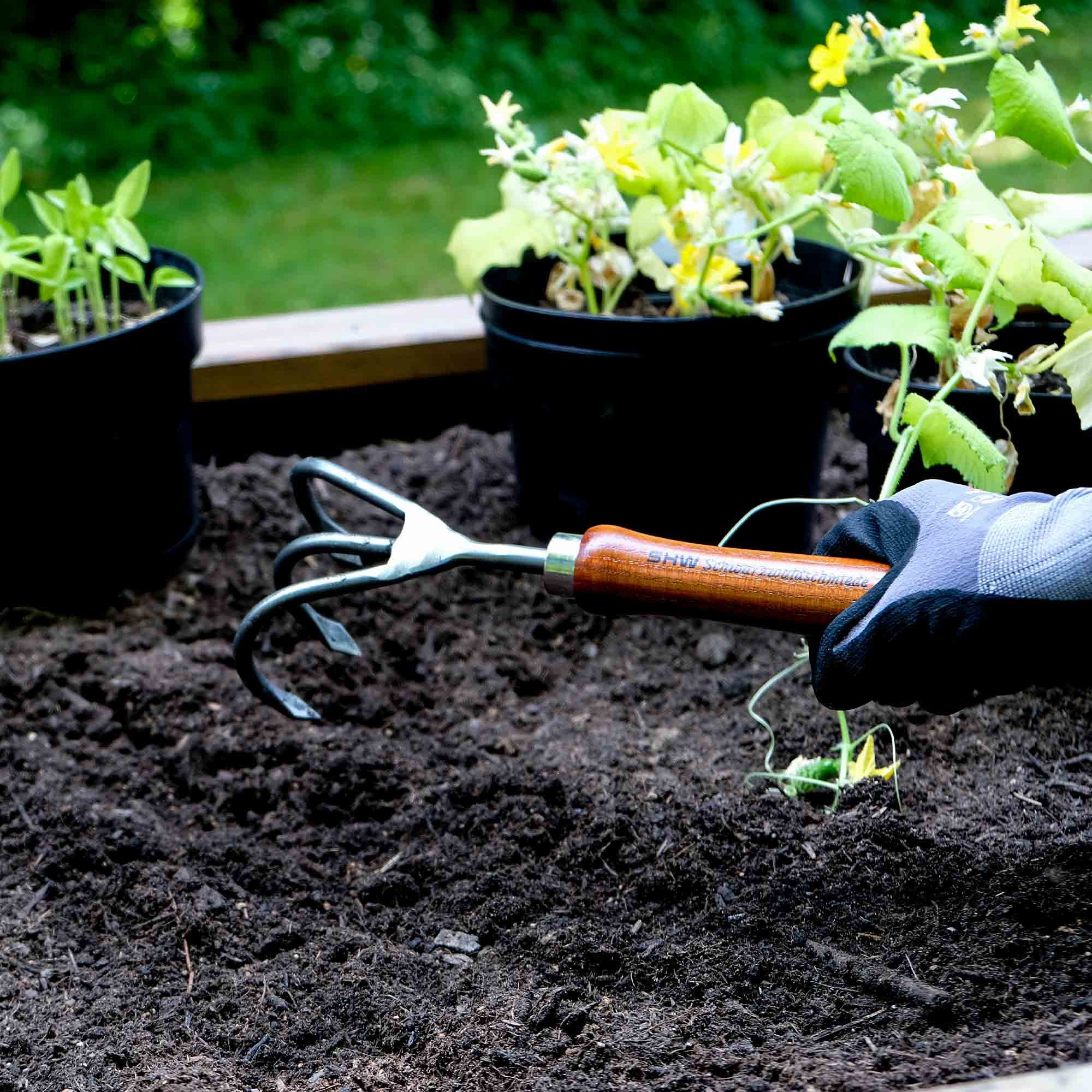 SHW Gartenhacke SHW Handgrubber 3 Zinken mit Eschenholzgriff, Ergonomischer Eschenholzgriff
