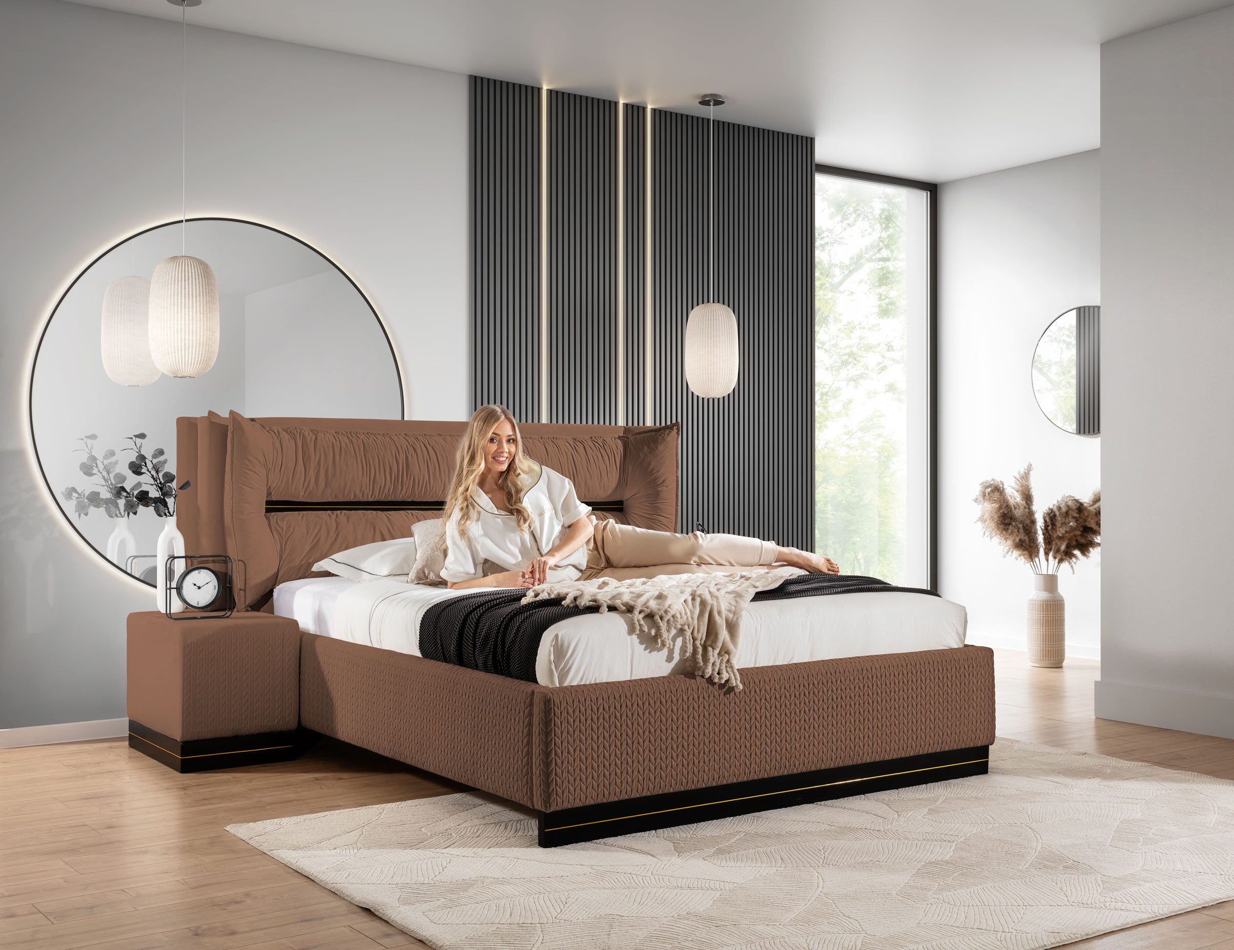 Fun Möbel Polsterbett Schlafzimmerbett HAMILTON in Stoff Magic Velvet (mit Bettkasten und 2 x Nachttisch, mit oder ohne Matratze), Gepolstertes Kopfteil