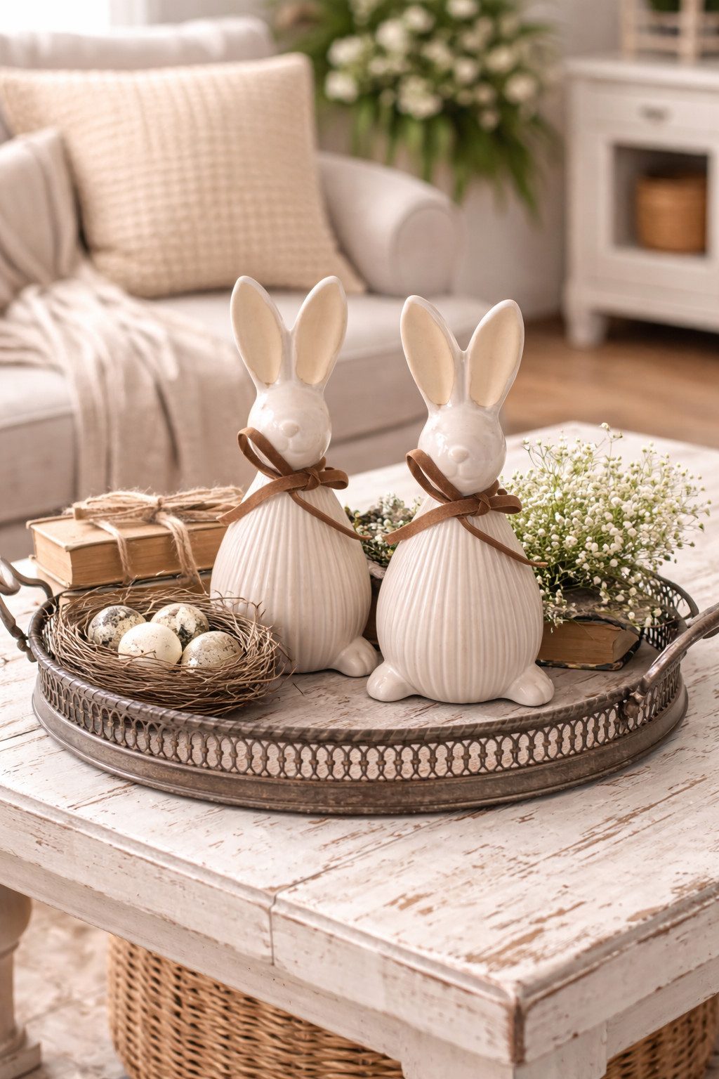 finehomegarden Osterhase Keramik Hase 2er Set Dekofigur Ø7cm H17cm Ostern Skulptur Deko (Set, 2 St., 2er Set), creme/weiß Osterdeko Frühjahrsdekoration Wohnaccessoire 613047-12