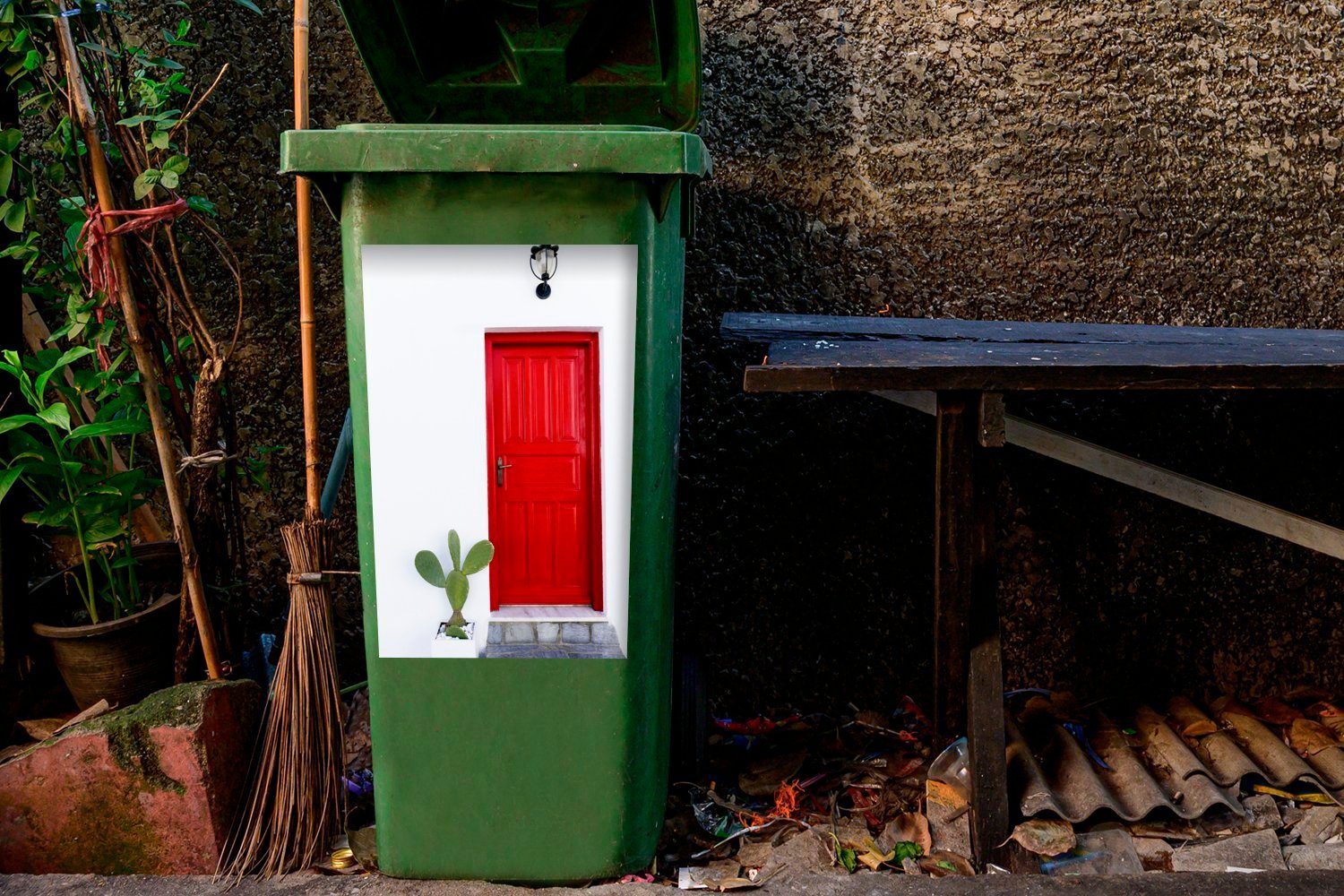 einer Wandsticker Kaktus Sticker, Mülltonne, in Container, Mülleimer-aufkleber, St), MuchoWow der Tür (1 Nähe Abfalbehälter roten