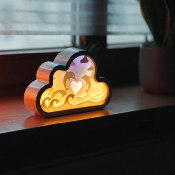 CiM LED Lichtbox 3D Papercut CLOUD - Dolphins, LED fest integriert, Warmweiß, 20x4x13cm, Shadowbox, Wohnaccessoire, Nachtlicht, kabellose Dekoration