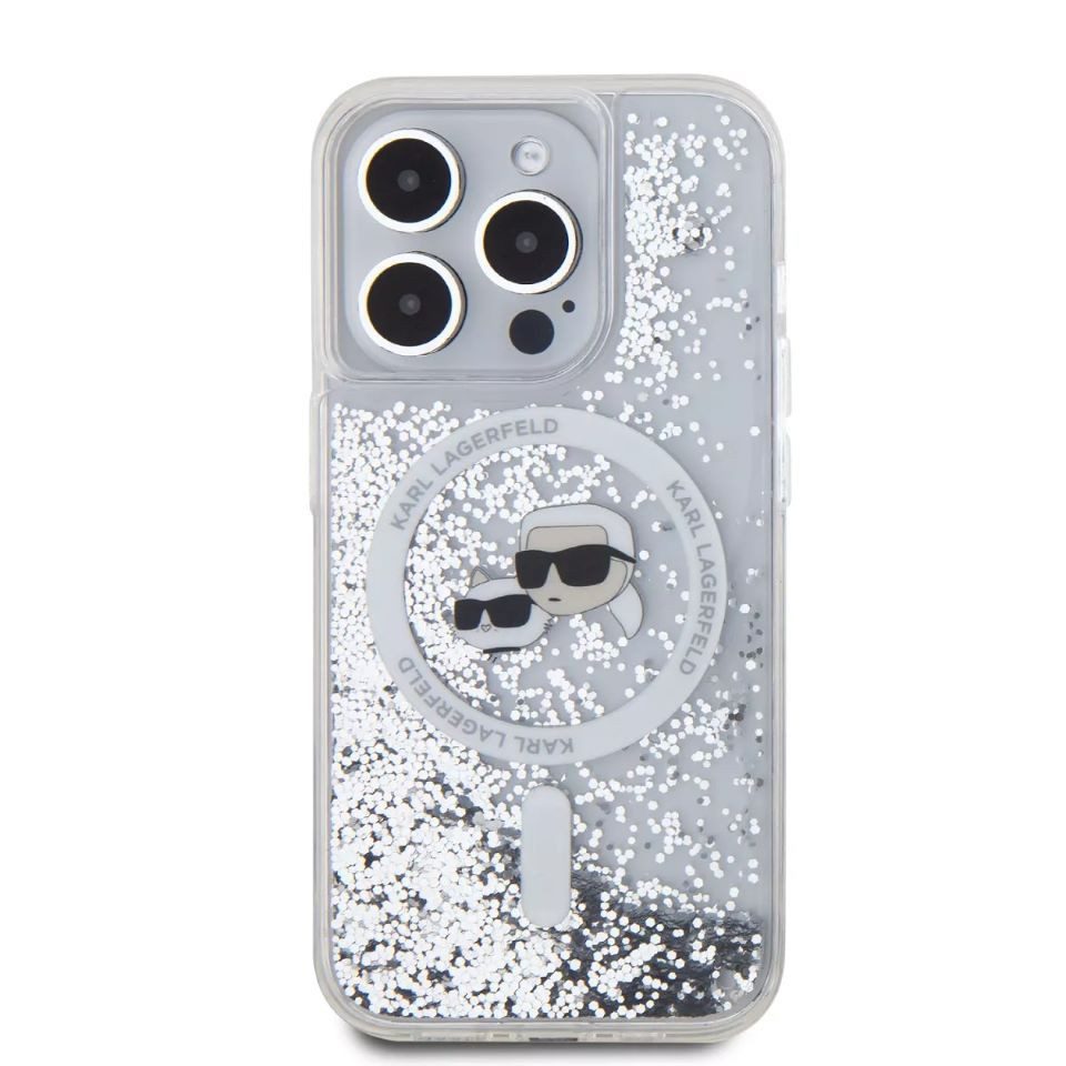 KARL LAGERFELD Handyhülle iPhone 15 Pro Glitter silber MagSafe Logo 6,1 Zoll, Kantenschutz