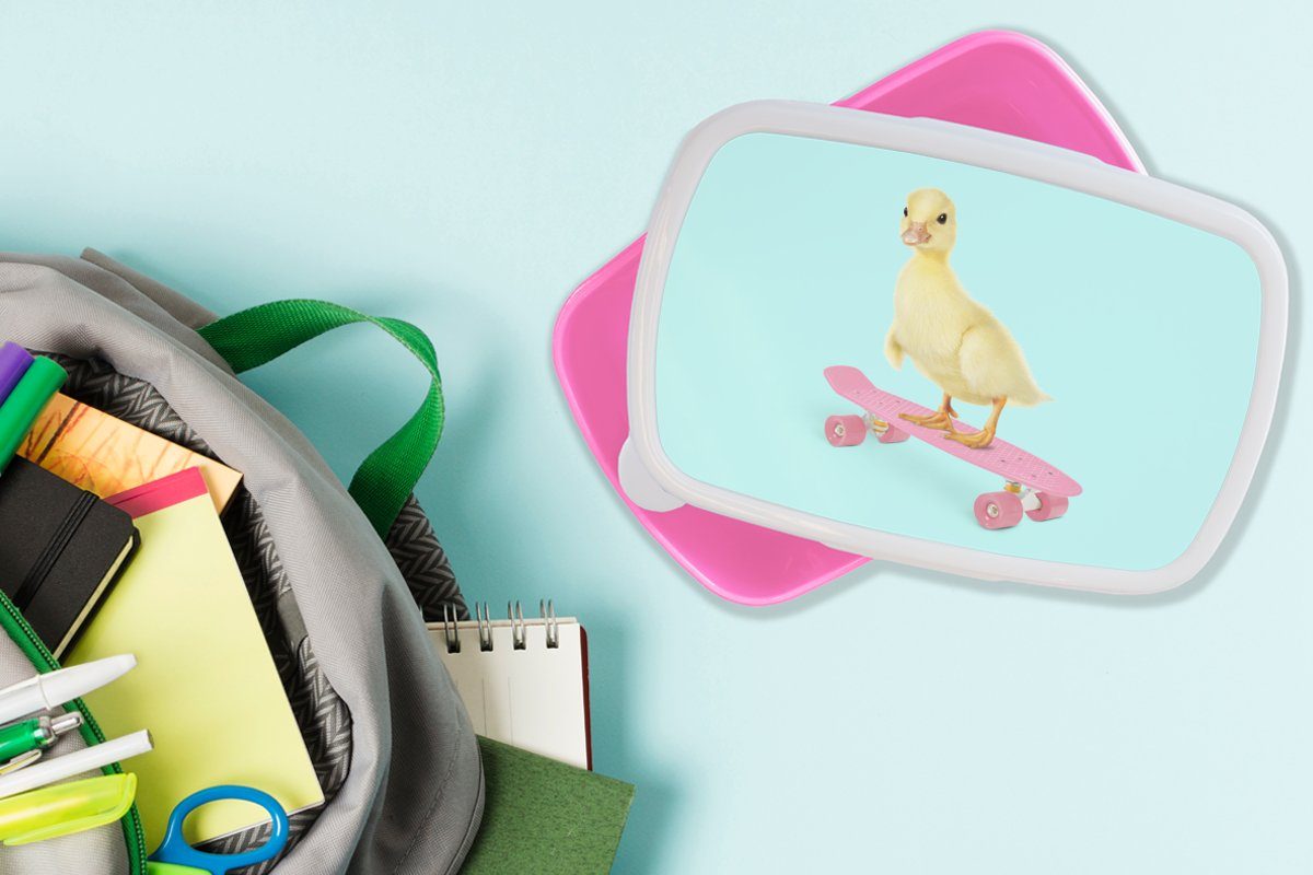 MuchoWow Lunchbox Ente - Küken Kunststoff Skateboard (2-tlg), - Snackbox, Rosa, Blau - Mädchen, - für Brotdose Kinder, Erwachsene, Kunststoff, Brotbox