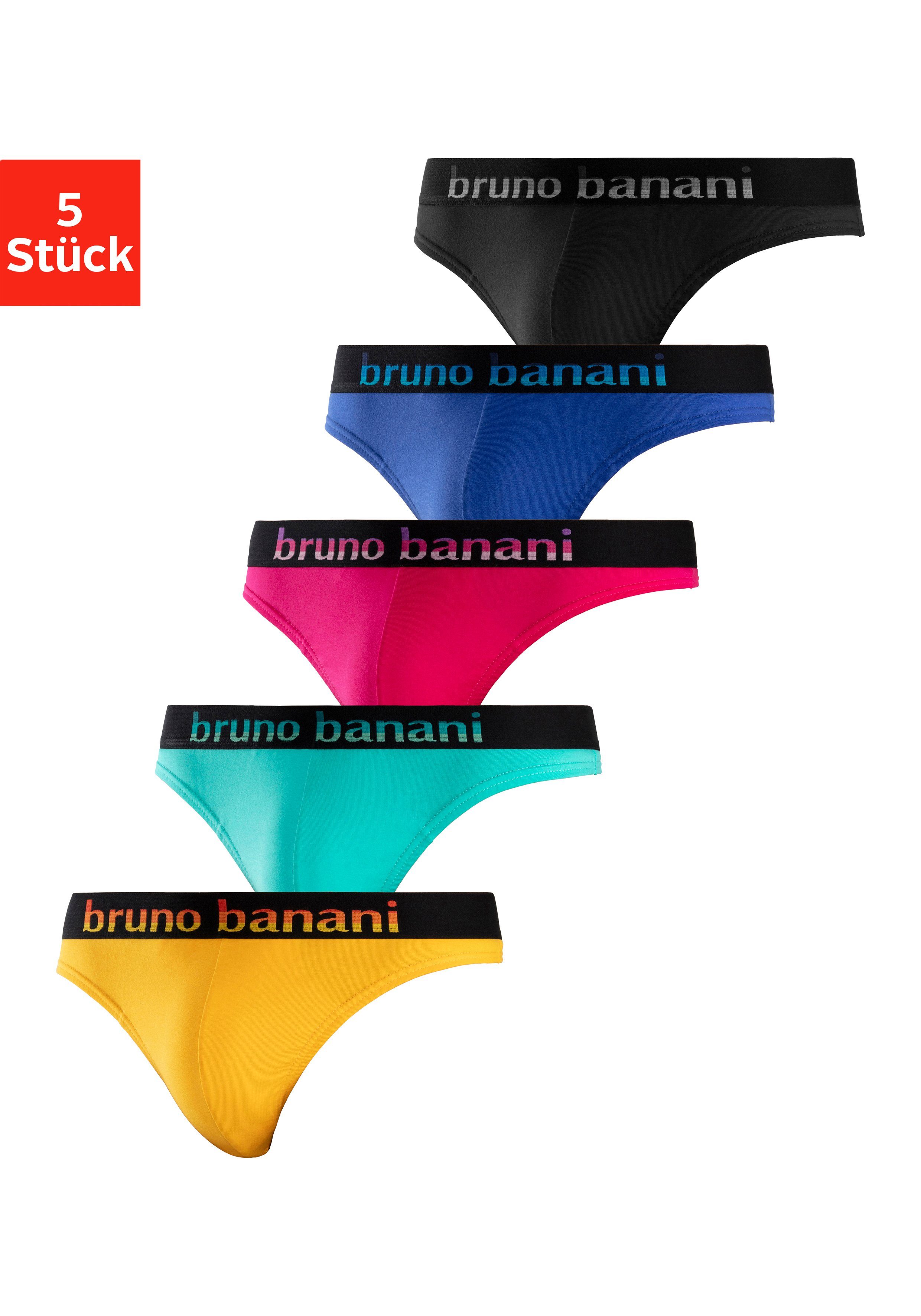 Bruno Banani String (Packung, 5-St) mint, Streifen schwarz Logo gelb, Webbund pink, mit blau