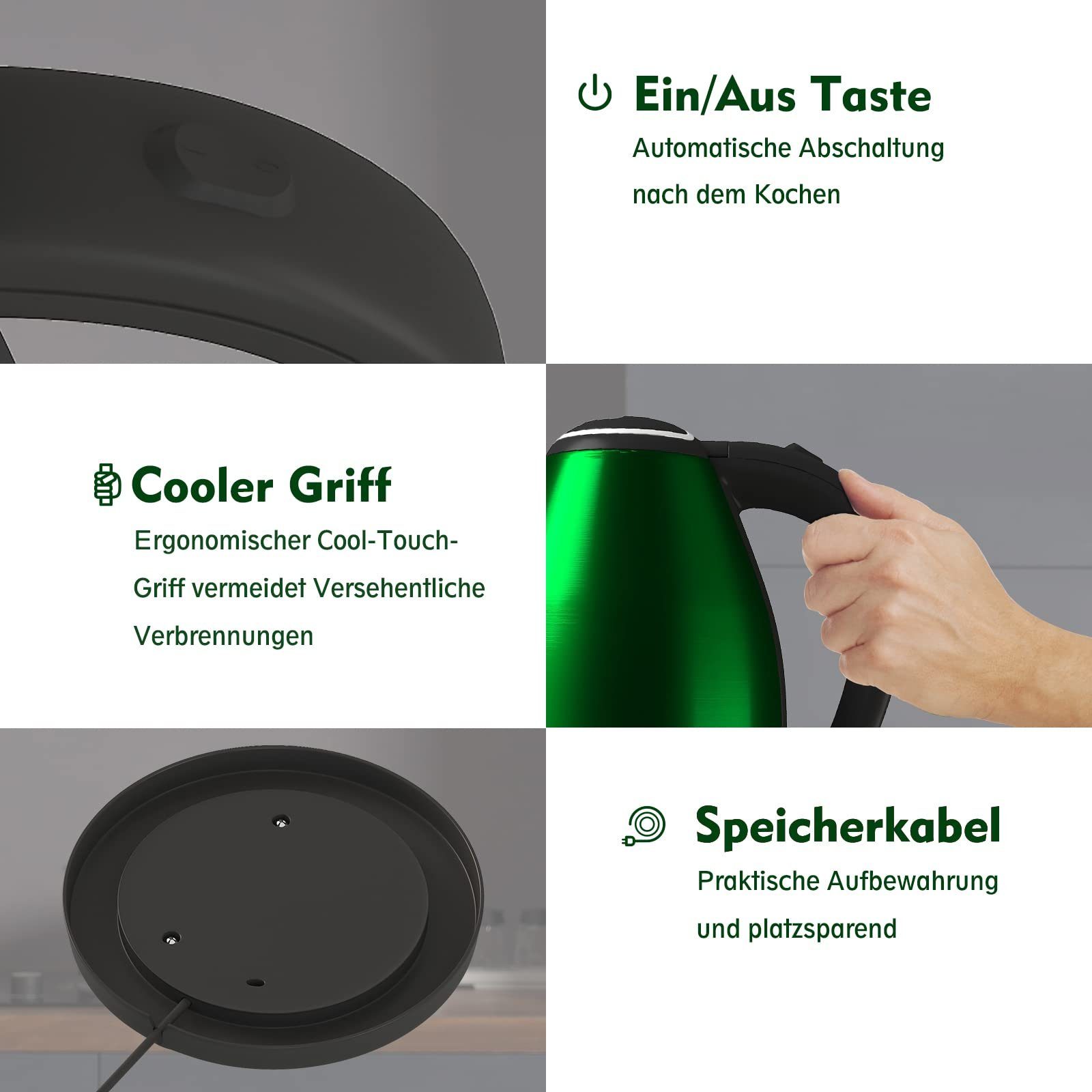 BPA-freier Heißwasserboiler, für Trockengehschutz, Abschaltautomatik 1.8 Geeignet l, und Edelstahl Grün Kaffee, Wasserkocher Tee Schnelldurchlauferhitzer, HOMELUX W, 1500,00