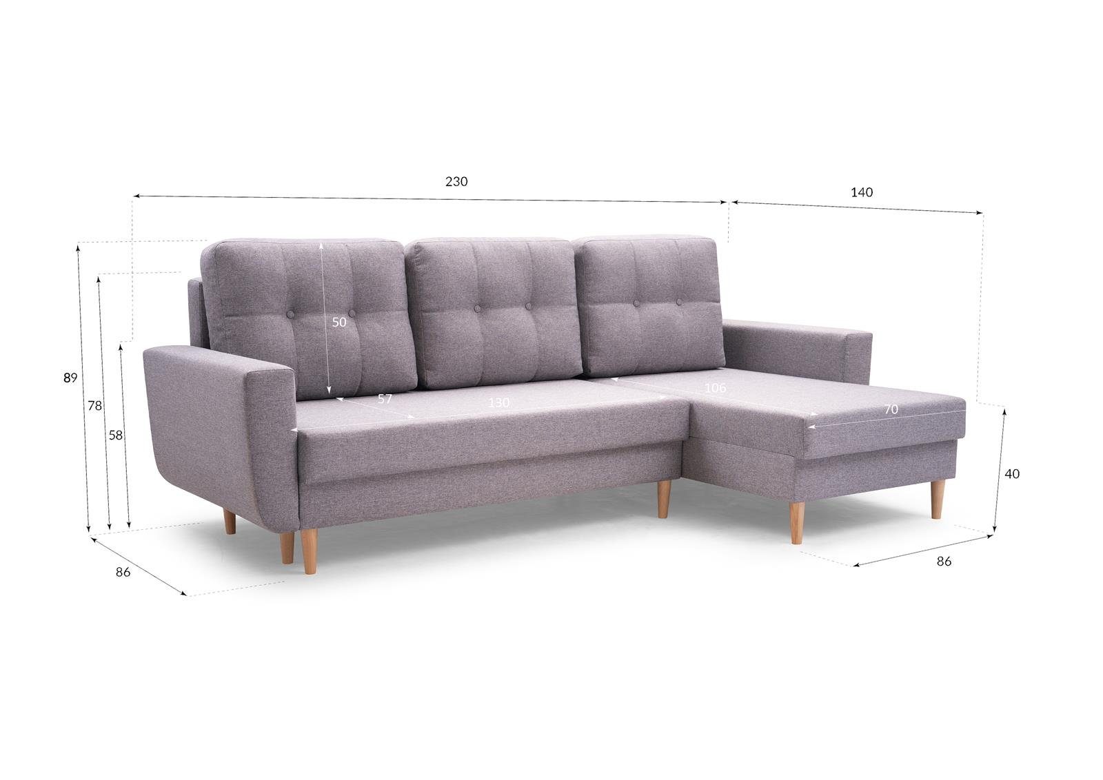 Beautysofa Polsterecke Couch Sofa (malmo Ecksofa Schlaffunktion, ONLY, mit 90) new universelle Hellgrau mit mane