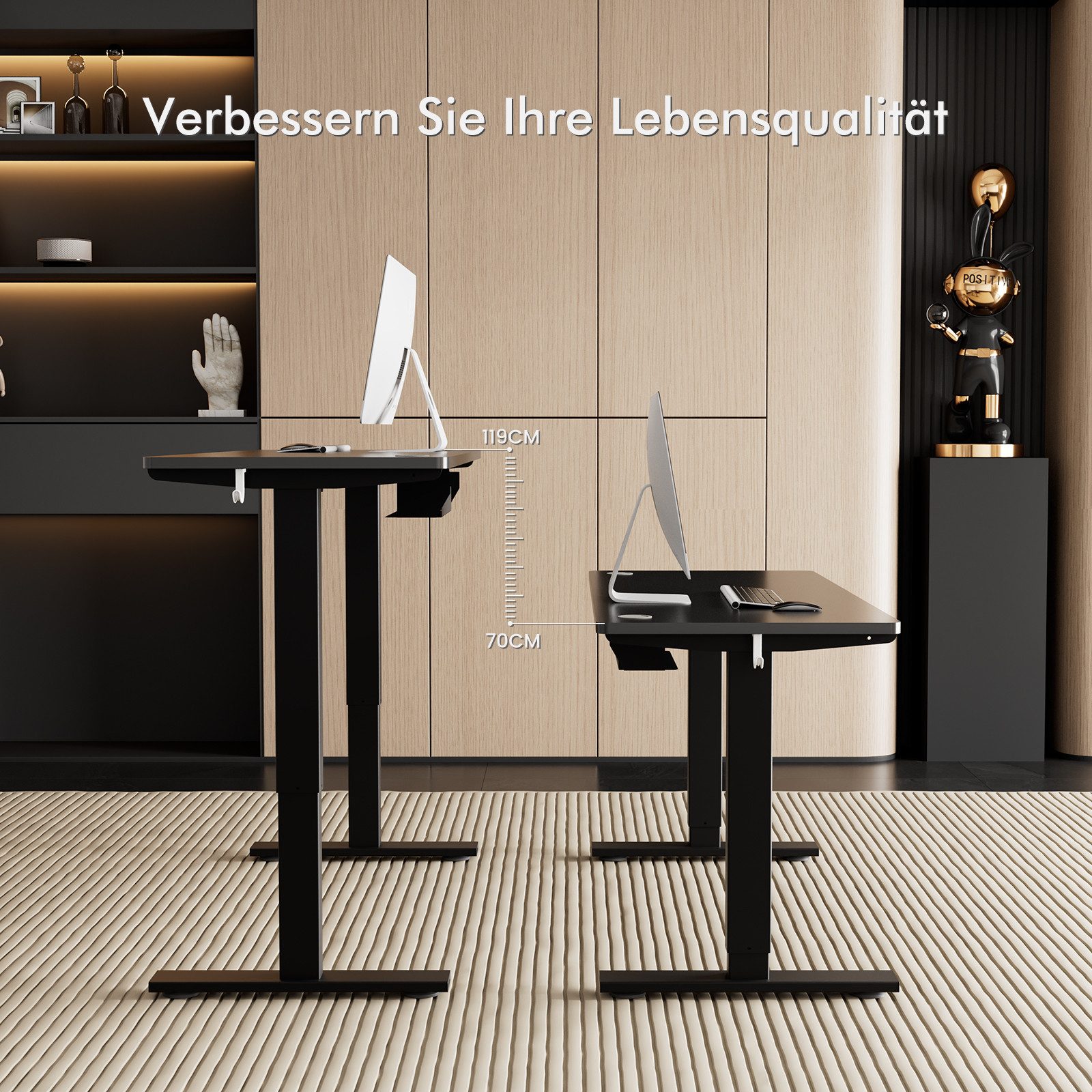 HOMAVO Schreibtisch Höhenverstellbarer schreibtisch mit Memory- und Rebound-Funktion (Sitz-Steh-Erinnerung), inkl. Kabelwanne & USB/Typ-C-Anschlüssen, Tischplatte 18 mm
