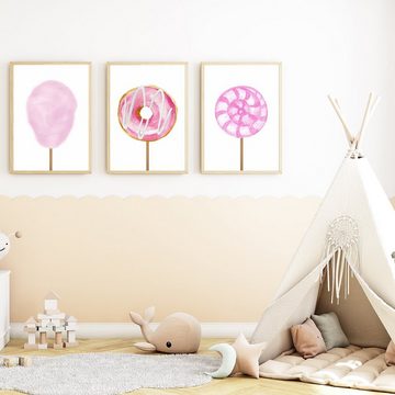 Tigerlino Poster Süßigkeiten Zuckerwatte Donut Lollipop 3er Set Kinderzimmer Wandbilder