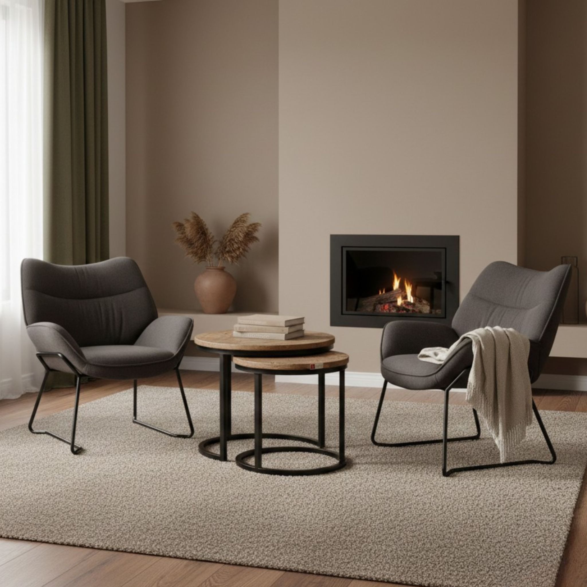 bene living Loungeset Couchtisch Fermo und 2er Set Sessel Aliano dunkelgrau, (Indoor-Möbelset, 4-tlg), Arm- und Rückenlehne - feines Mangoholz - Metall-Gestell