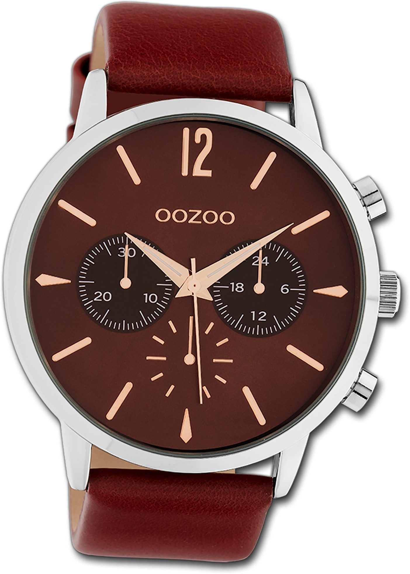 OOZOO Quarzuhr Oozoo Unisex Armbanduhr Timepieces, (Analoguhr), Damen, Herrenuhr Lederarmband rot, rundes Gehäuse, extra groß (48mm)