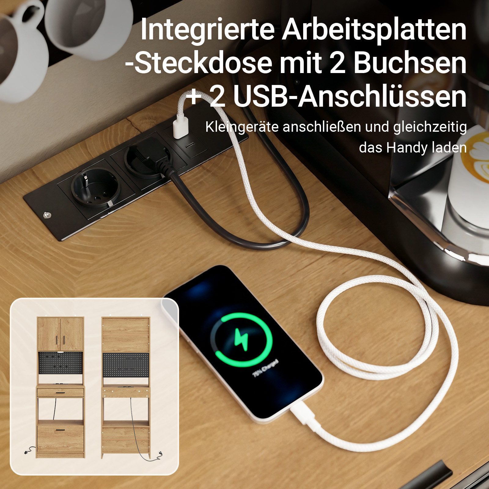 SoBuy Sideboard FSB98-E, Küchenschrank mit Steckdose, Buffetschrank mit Sensorleuchte, Mikrowellenschrank mit 2 USB-Anschlüssen für Küche und Kaffeebar