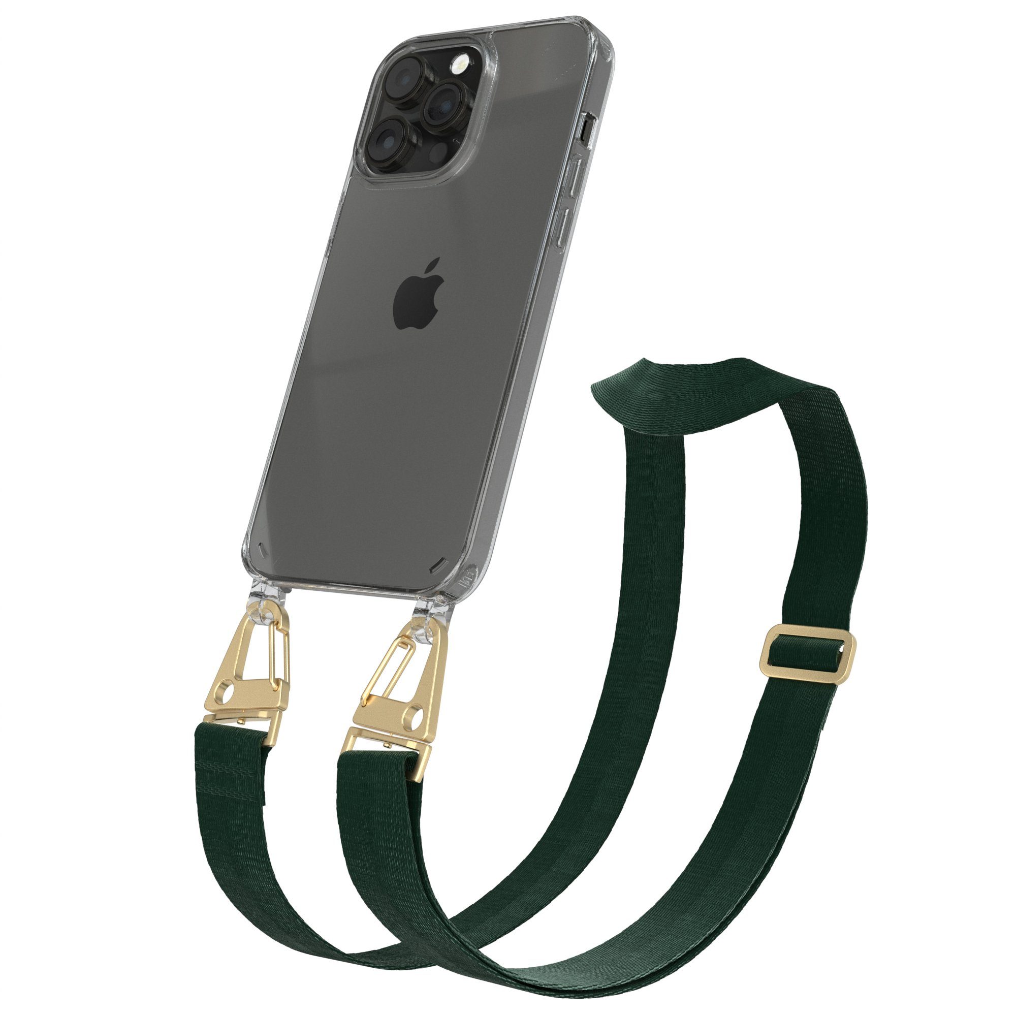 EAZY CASE Handykette Silikon Kette Karabiner für iPhone 14 Pro Max 6,7 Zoll, Handytasche durchsichtige Silikon Hülle mit breitem Umhängeband Grün