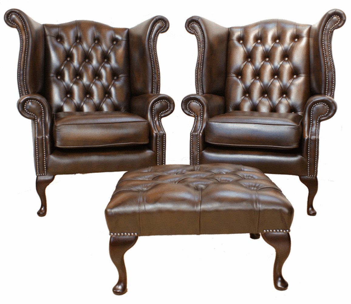 Xlmoebel Ohrensessel Chesterfield Ledersessel-Set mit 2 Ohrensesseln und Hocker-Garnitur (2x Sessel + Hocker), Hergestellt in Europa