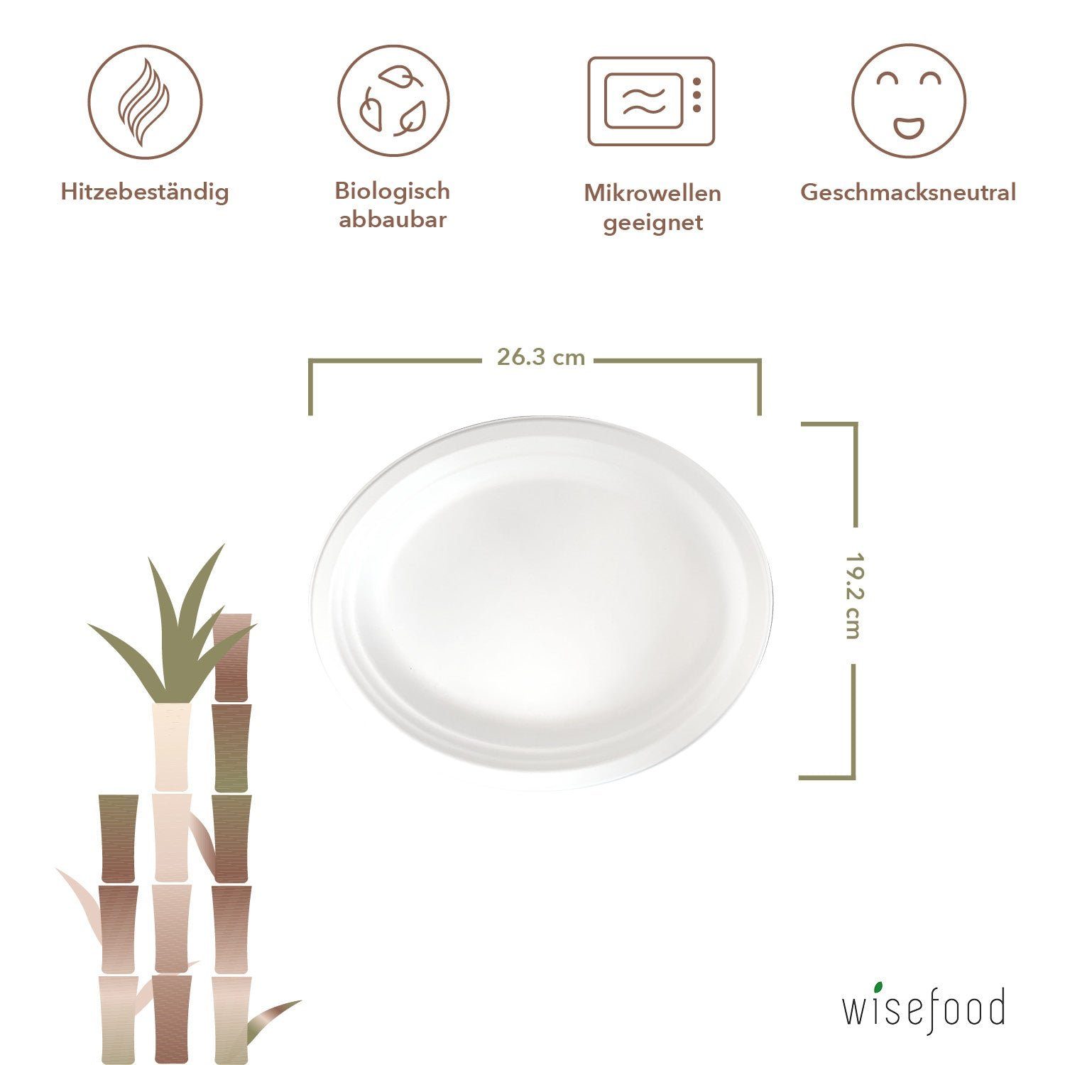 wisefood Einwegteller 100-tlg., Bagasse Teller - 26cm (oval, weiß), (100 St)
