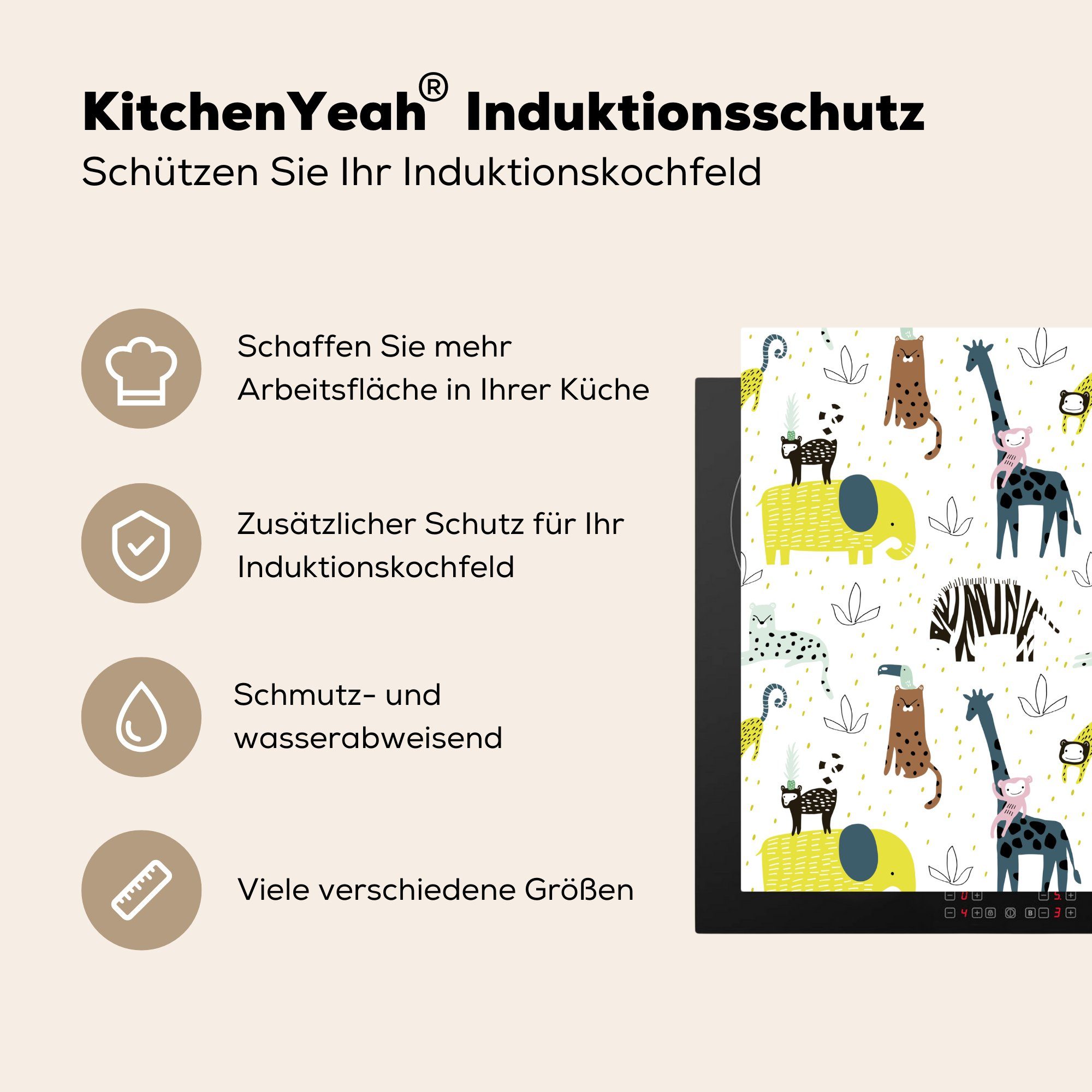 cm, - 78x78 Arbeitsplatte Affe, MuchoWow küche Dschungel (1 - Giraffe Herdblende-/Abdeckplatte tlg), für Ceranfeldabdeckung, Vinyl,