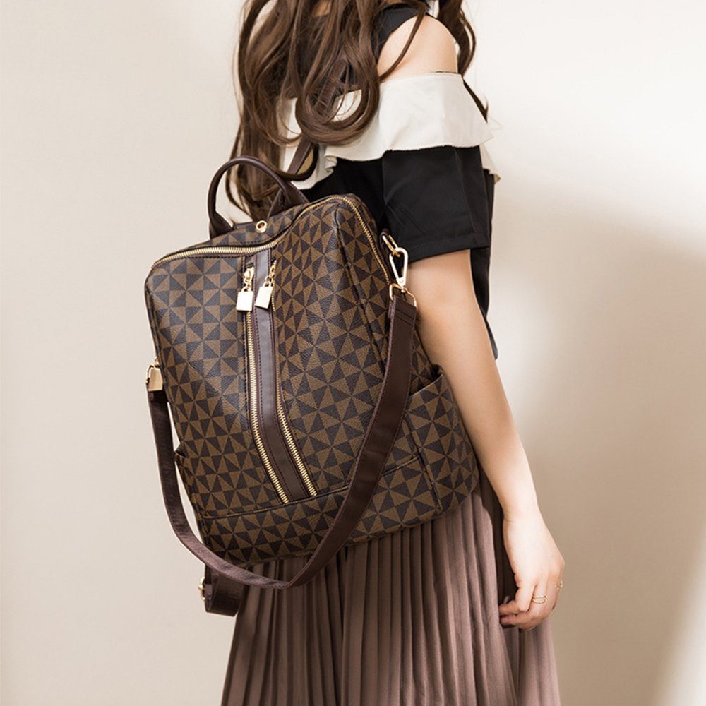 OKWISH Rucksack Laptoprucksack Schulrucksack Lederrucksack Reiserucksack Kunstleder (32x32x14 cm Lederrucksäcke mit 20x11 cm Handtasche Kunstleder, Schultertasche, Vintage, Notebook Laptop Tasche, Schule Rucksack), für Herren Damen Jungen Teenager Freizeit Arbeit Business Reisen