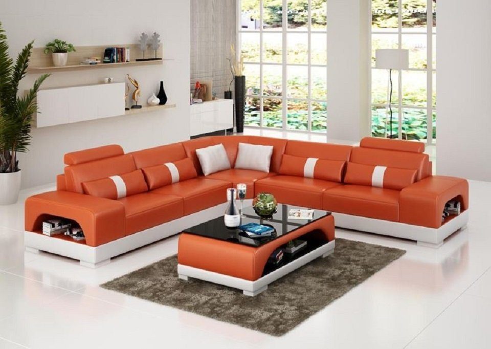 JVmoebel Ecksofa Couch Ecksofa Leder Wohnlandschaft Design Modern Sofa L-Form Neu, Made in Europe Orange/Weiß