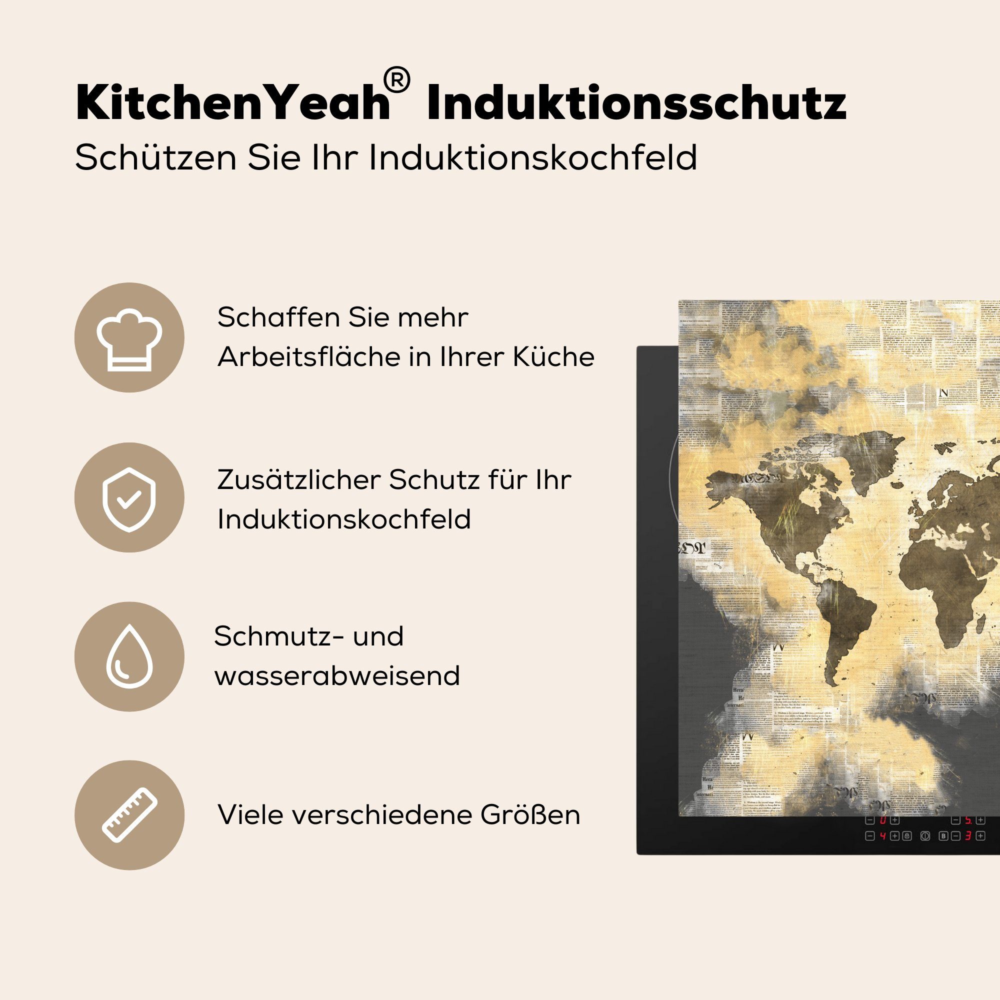 MuchoWow Herdblende-/Abdeckplatte Weltkarte Vinyl, tlg), cm, Ceranfeldabdeckung, 78x78 Zeitungen, küche - für Zusammenfassung (1 - Arbeitsplatte