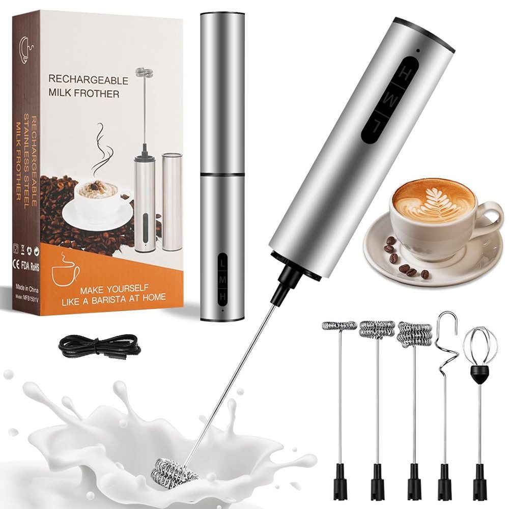 TUWENA Milchaufschäumer Milchaufschäumer Elektrisch USB-C, 3 Geschwindigkeiten und 5 Aufsätzen, Handmilchschäumer Edelstahl für Kaffee Latte CappuccinoMatchaSahneEier