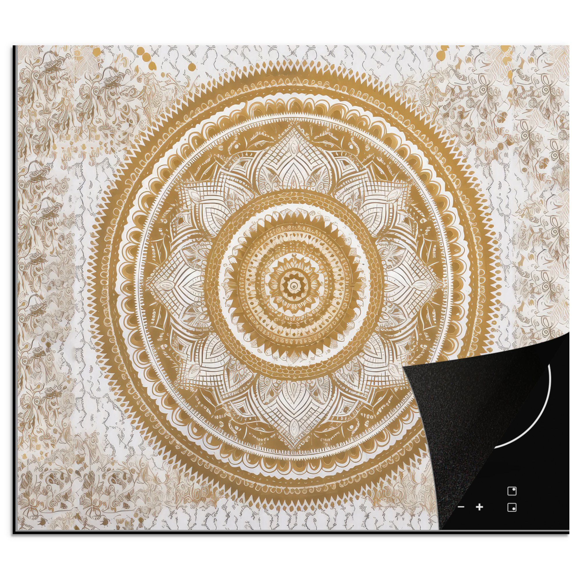 MuchoWow Herdblende-/Abdeckplatte Mandala - Blumen - Gold - Weiß - Design, Vinyl, (1 tlg), 60x52 cm, Mobile Arbeitsfläche nutzbar, Ceranfeldabdeckung