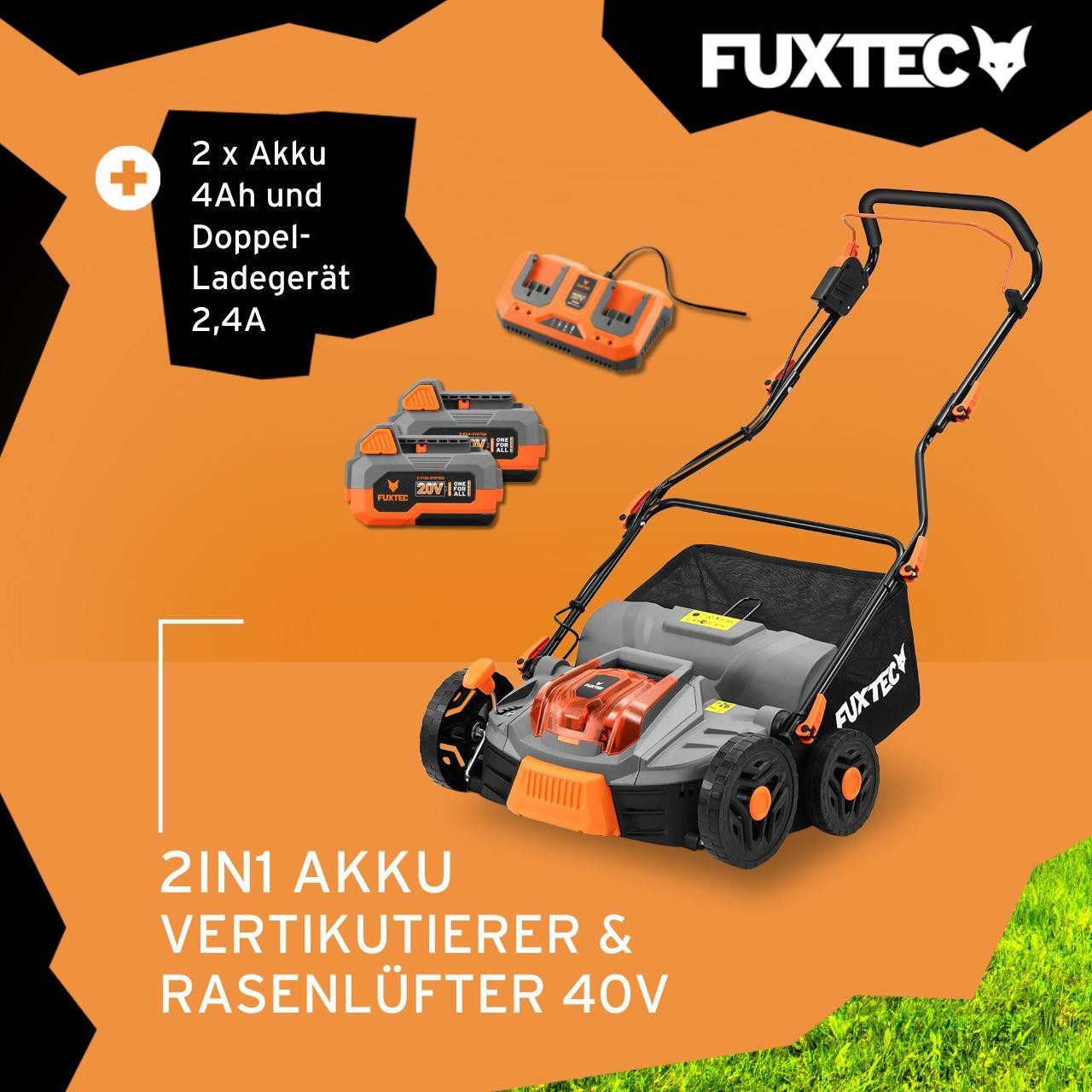 FUXTEC Akkurasenmäher FX-E2VE38SET, Arbeitsbreite 38 cm, 45 L Fangkorb, 2-in-1-Funktion, 2x20V Akku