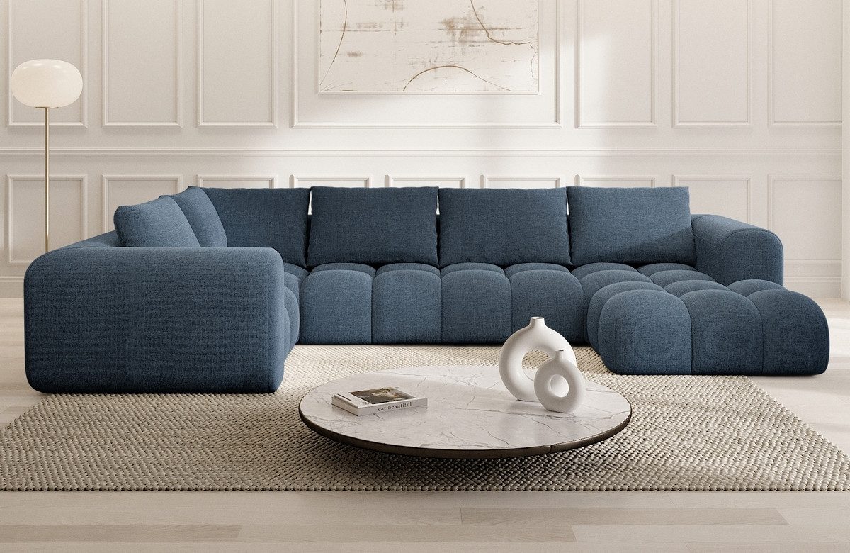 Sofa Dreams Wohnlandschaft Casaluna U Form Design Stoff Couch, 6-Sitzer, Polsterecke, Ottomane rechts, Strukturstoff Blau
